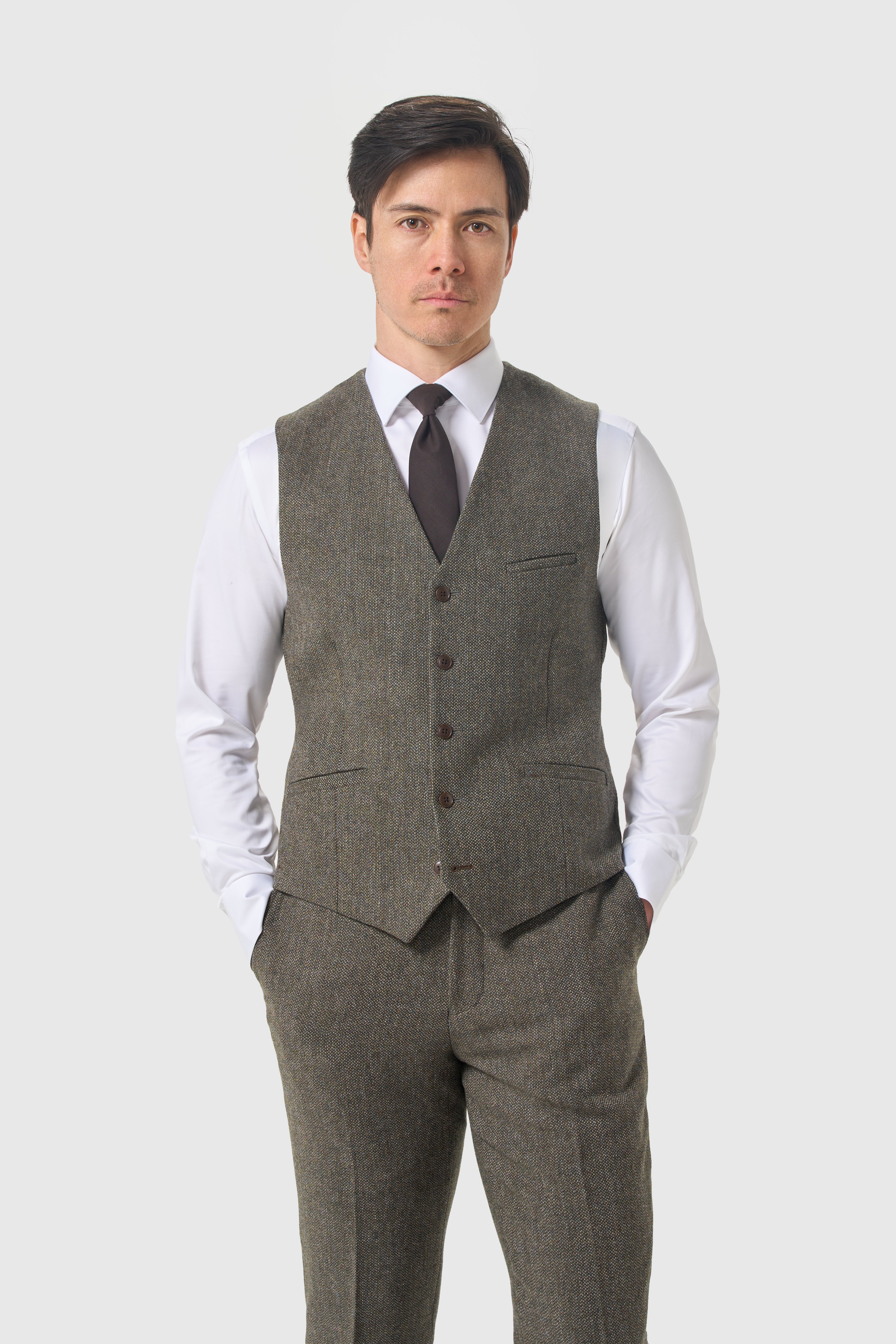 Men’s 3-Piece Wool Herringbone Tweed Suit - Thomas - Sage