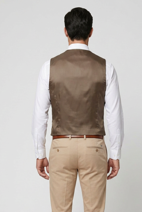 Men's Beige Check Tweed Style Waistcoat – Slim Fit Formal Wedding Vest