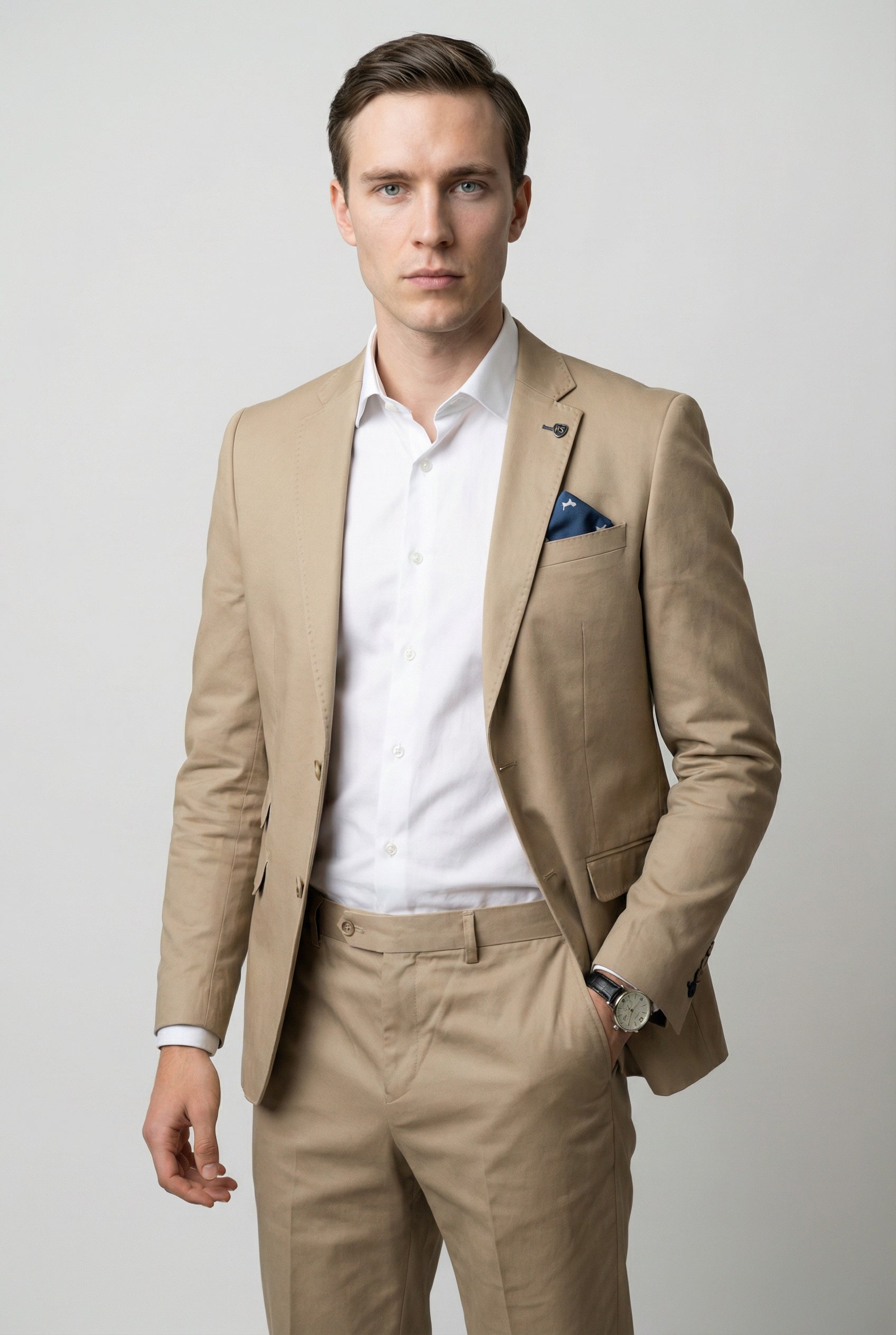 Men's Cotton Slim Fit Beige Suit - KINGSTON - Beige
