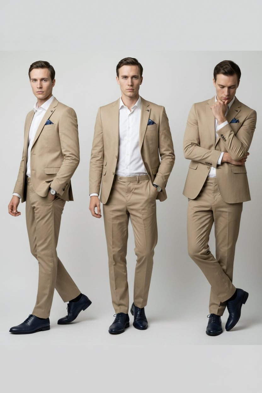 Men's Cotton Slim Fit Beige Suit - KINGSTON - Beige