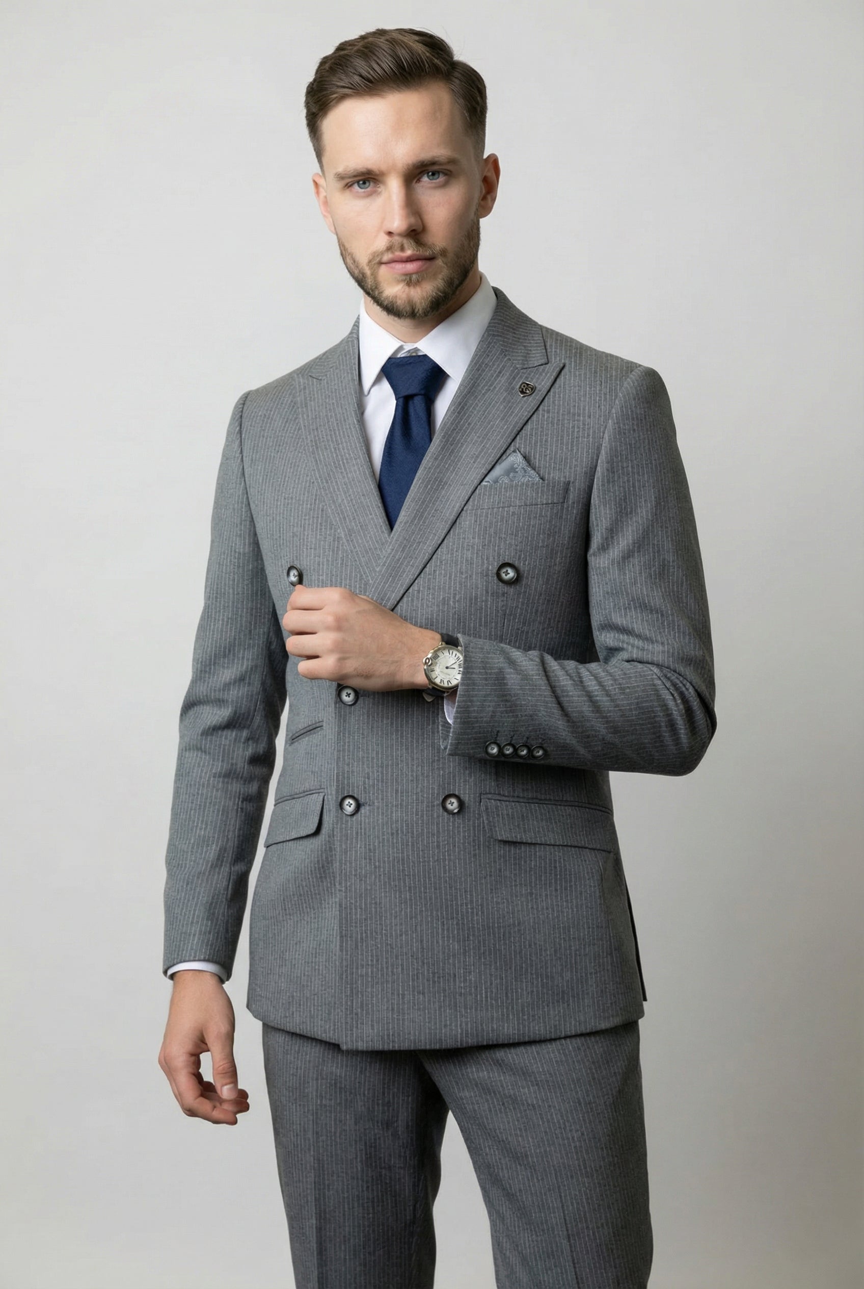 Men's Double Breasted Pinstripe Suit - JAYCE Grey