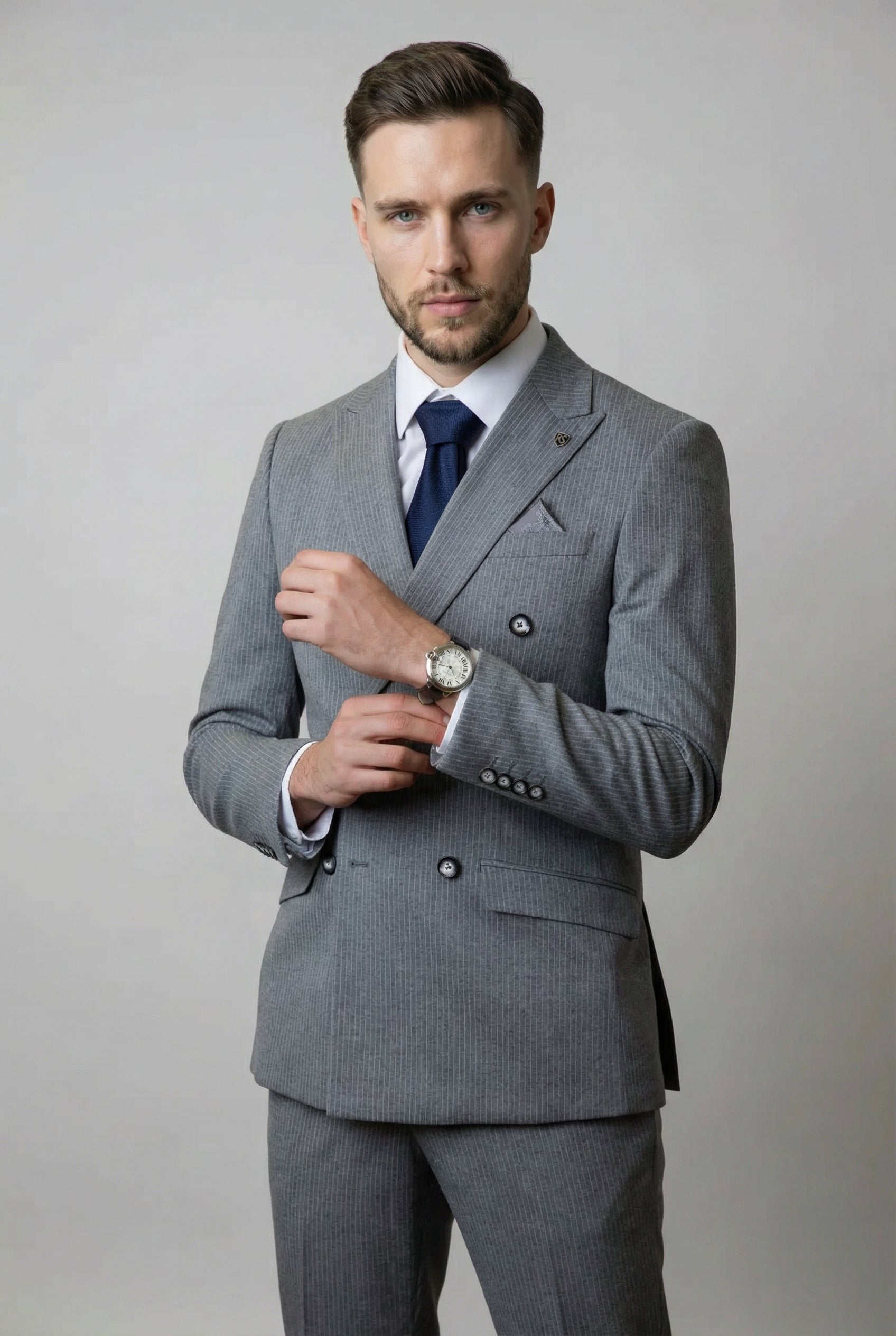 Men's Double Breasted Pinstripe Suit - JAYCE Grey