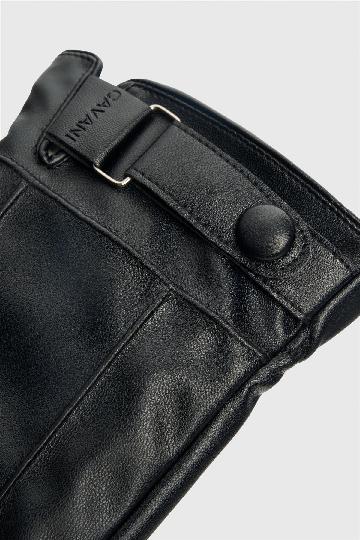 Men’s Leather Gloves with Adjustable Buckle Strap - Black
