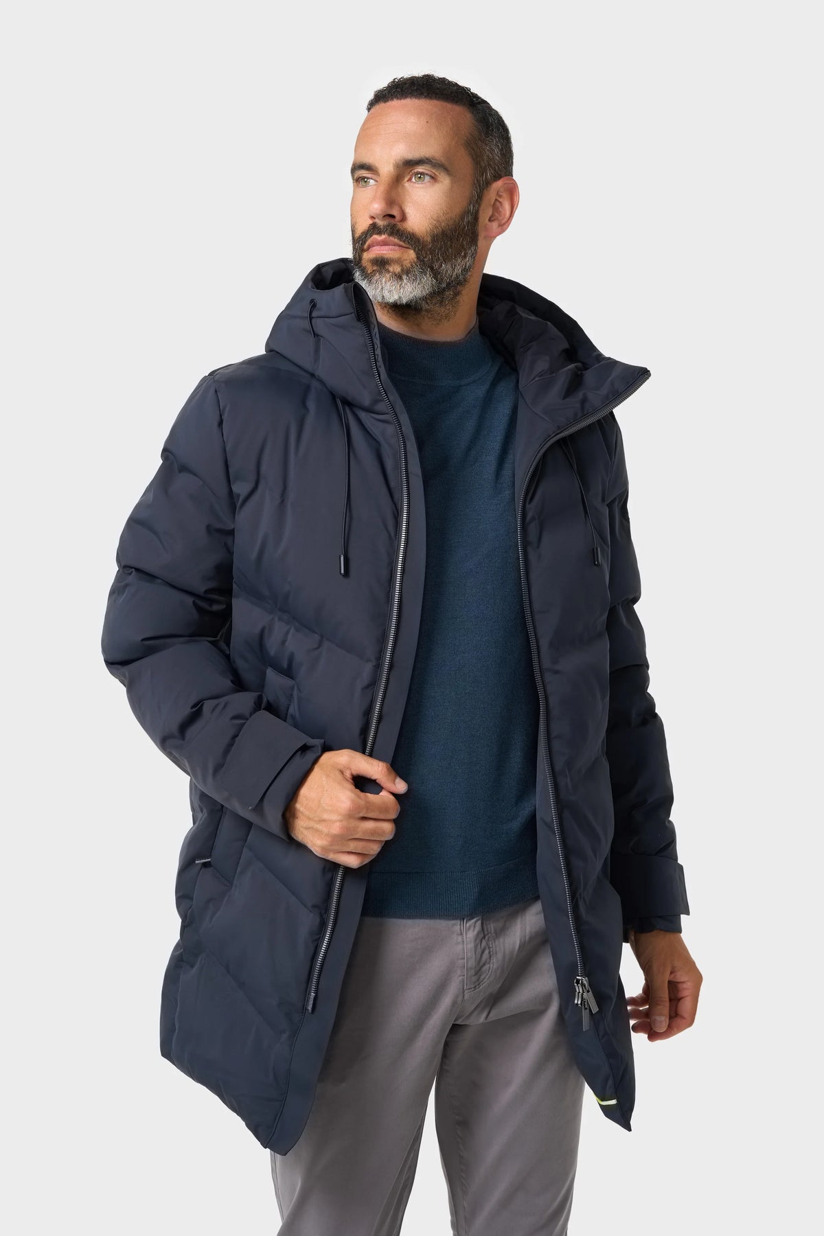 Men’s Long Hooded Puffer Winter Coat – Cavani Delray Navy Model Picture