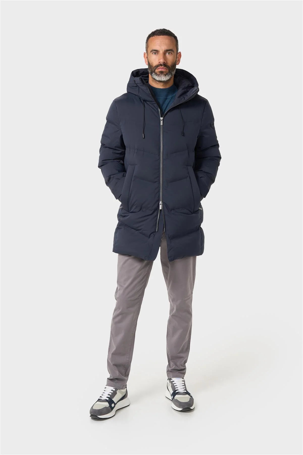 Men’s Long Hooded Puffer Winter Coat – Cavani Delray Navy Model Front Picture