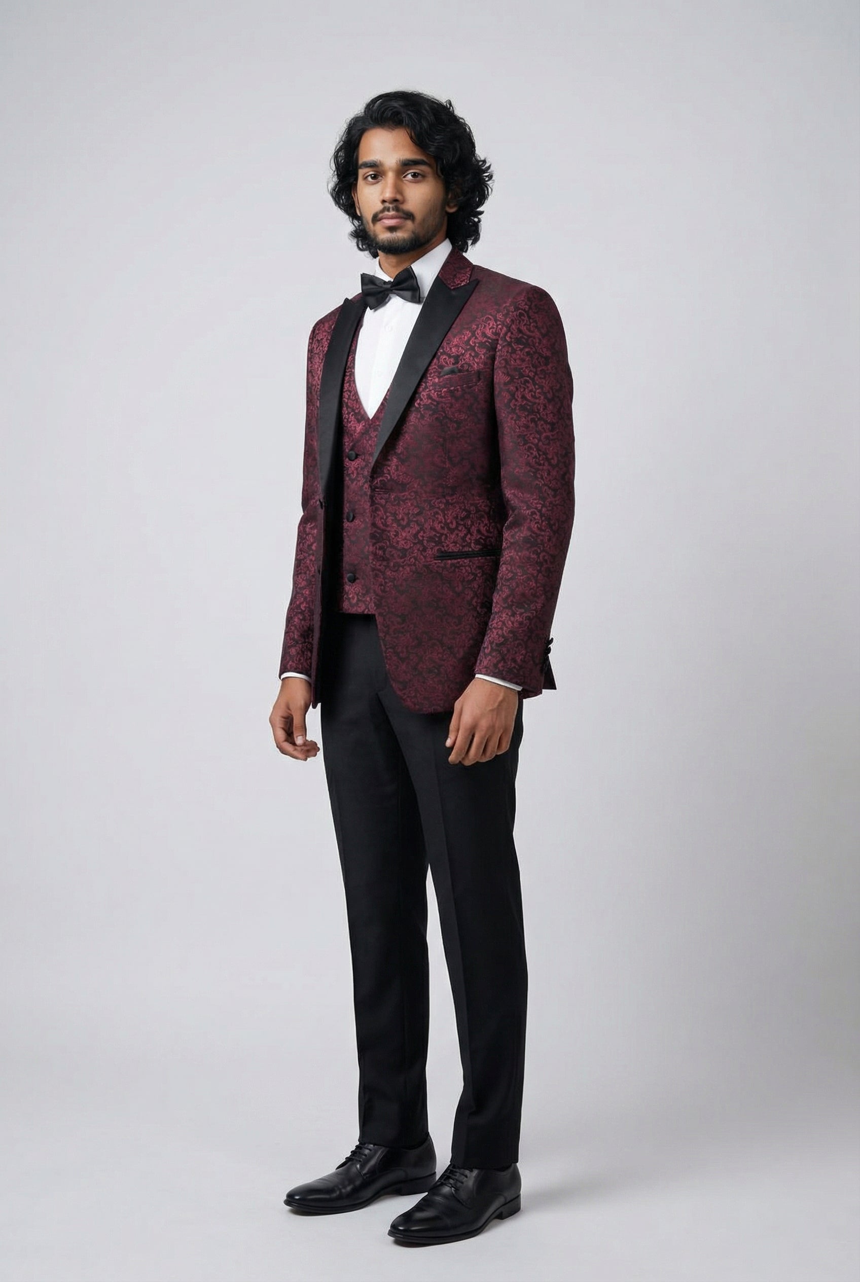 Men's Patterned Shimmer Tuxedo Suit - AARON - Burgundy