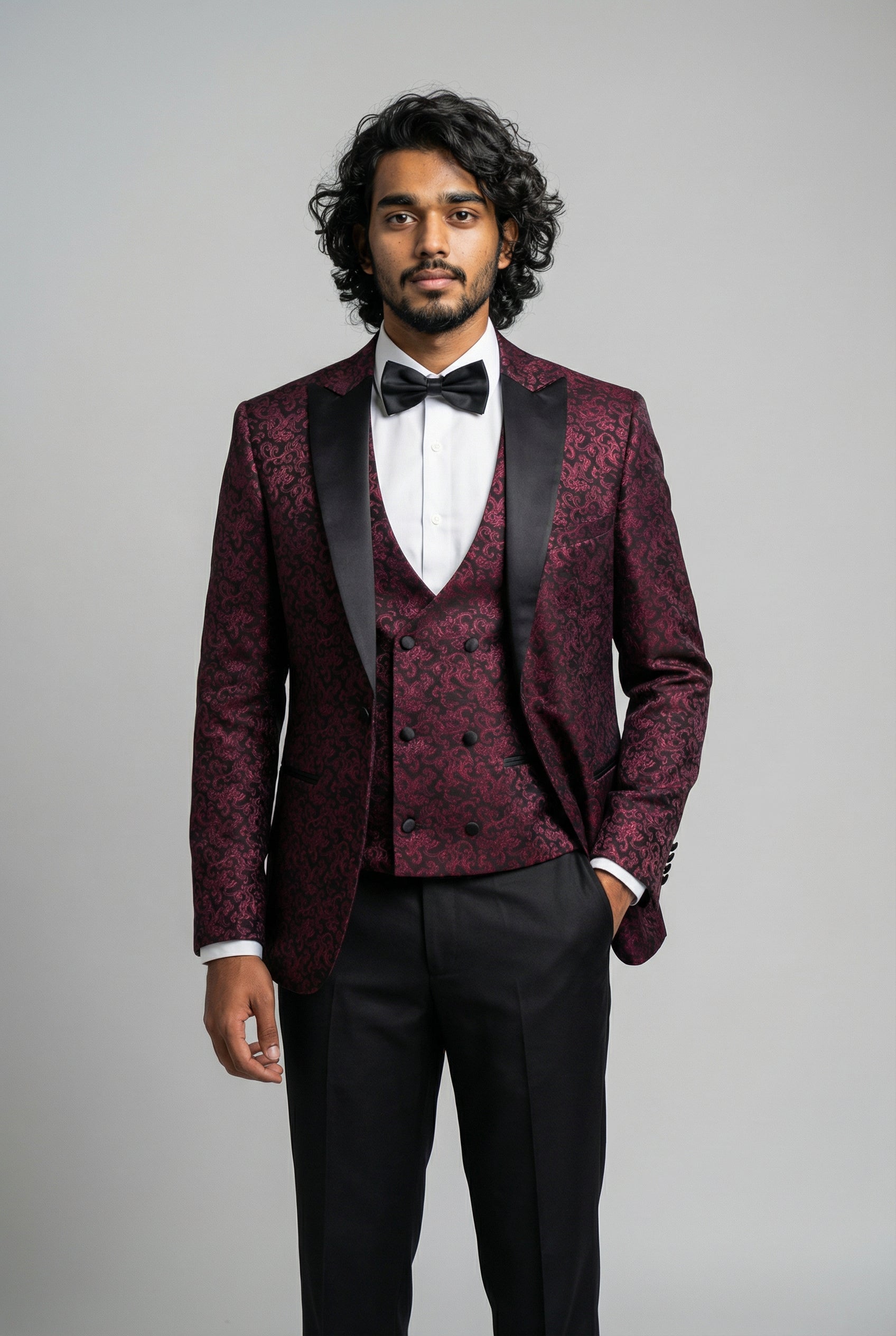 Men's Patterned Shimmer Tuxedo Suit - AARON - Burgundy