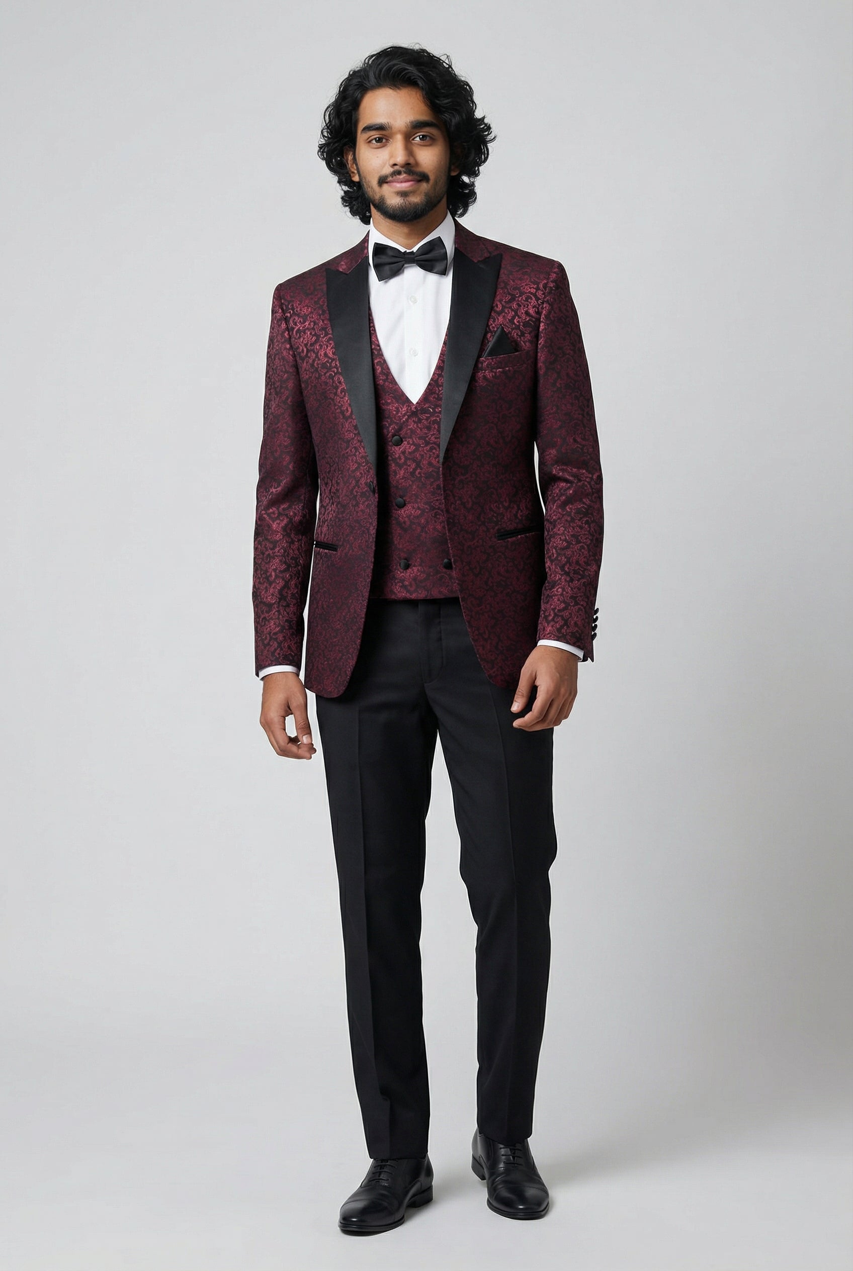 Men's Patterned Shimmer Tuxedo Suit - AARON - Burgundy