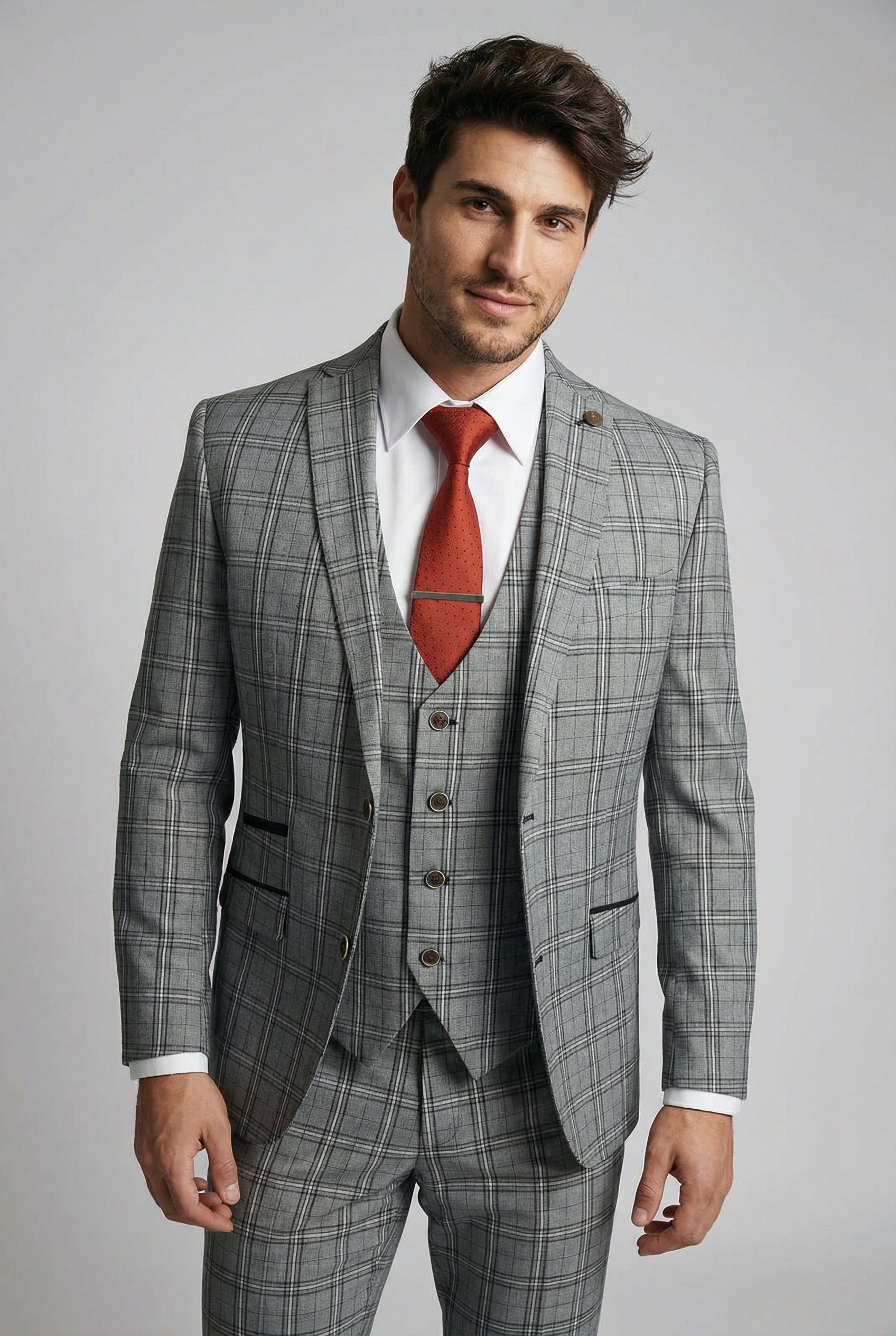 Men's Slim Fit Check 3PC Suit - MARCELLO - Grey