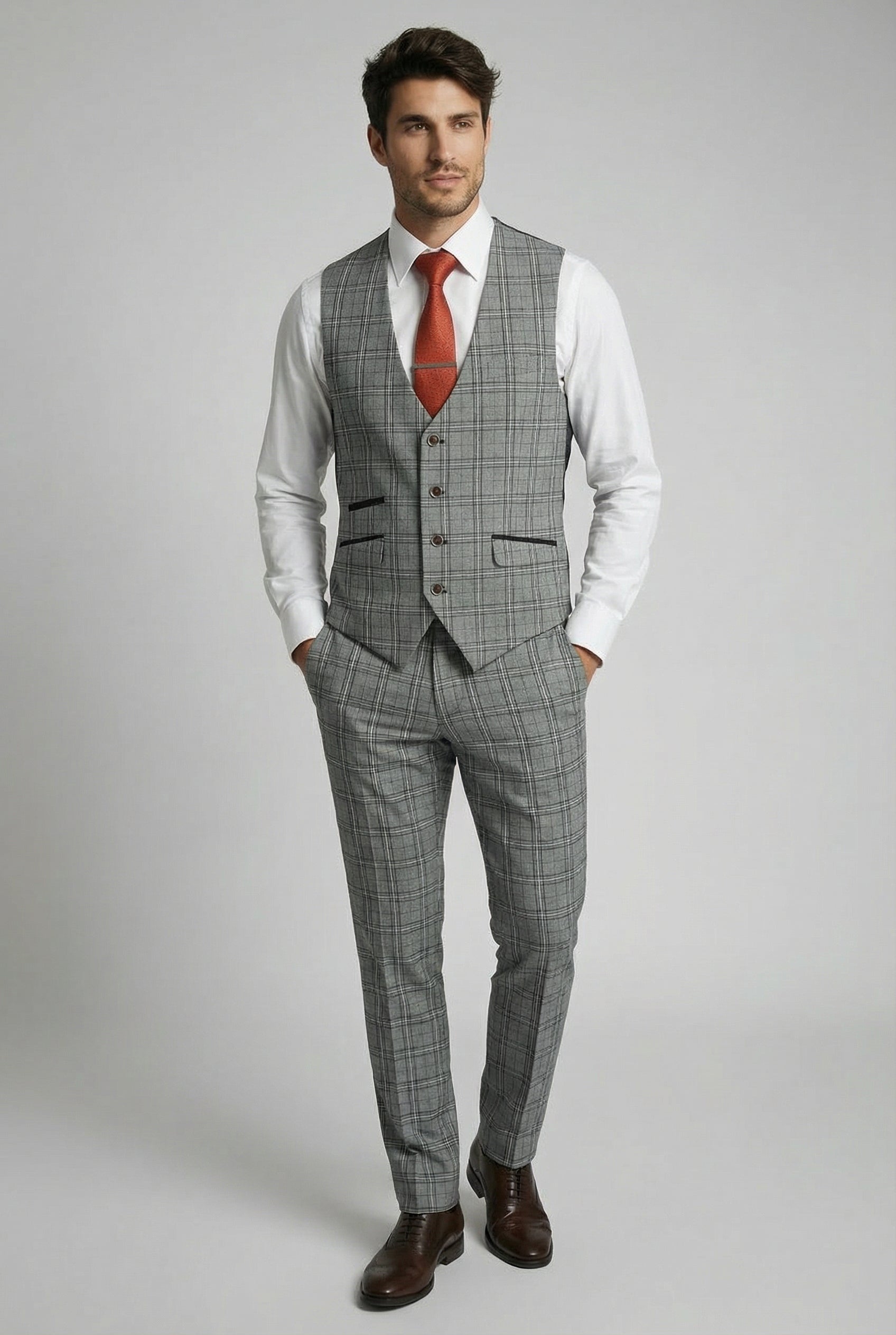 Men's Slim Fit Check 3PC Suit - MARCELLO - Grey