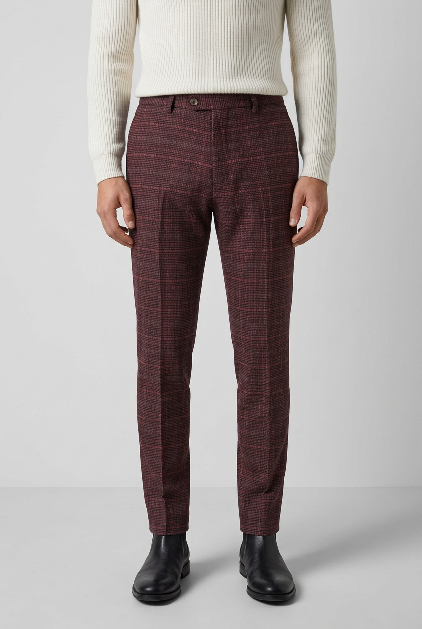 Men's Slim Fit Check Tweed Trousers - CARLY Wine - Wine