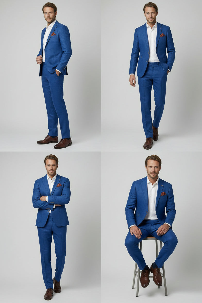Men's Slim Fit Linen 2 Piece Suit Set - Navy Blue