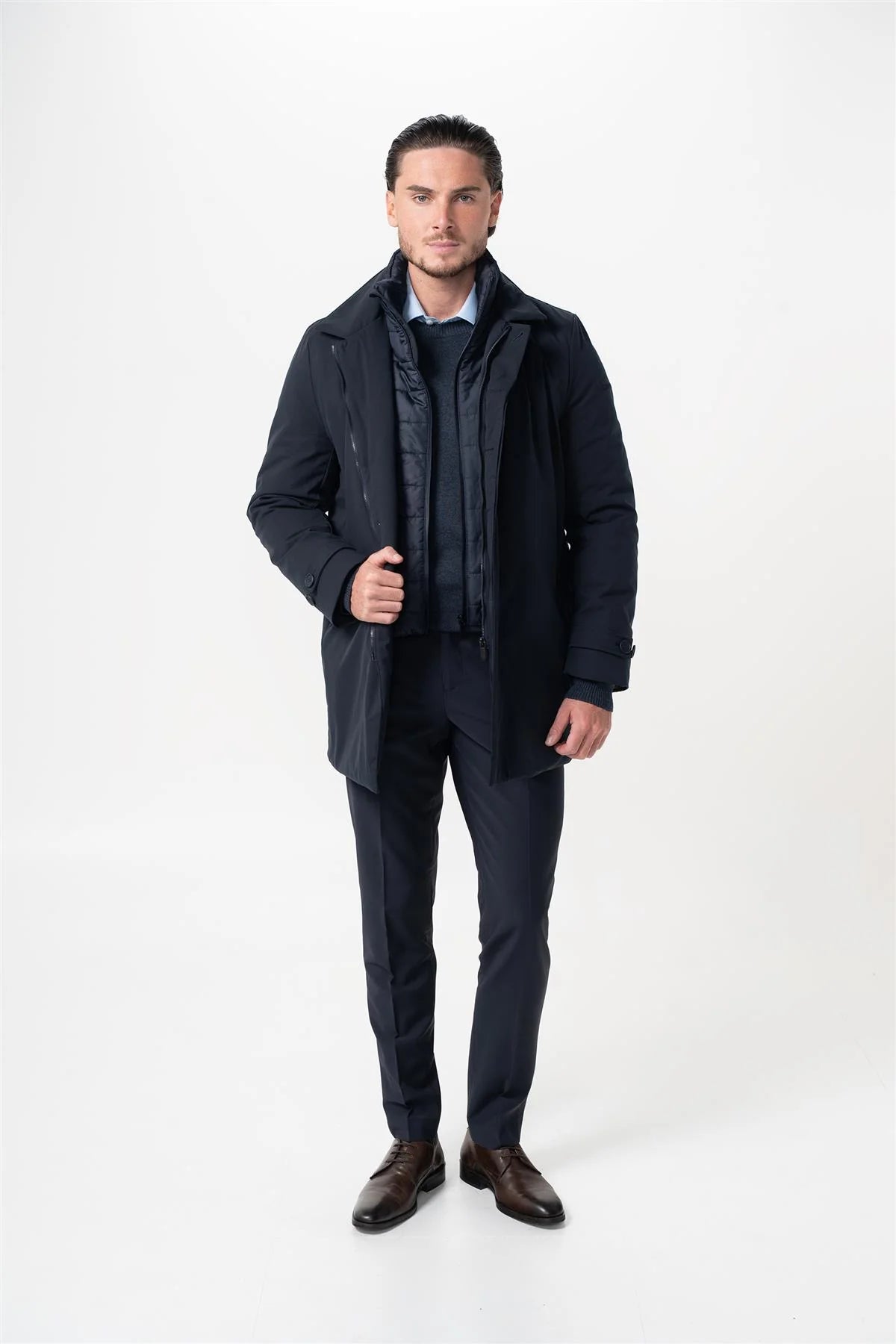 Men’s Smart Padded Long Winter Coat – Cavani Clayton Navy Model Front Picture