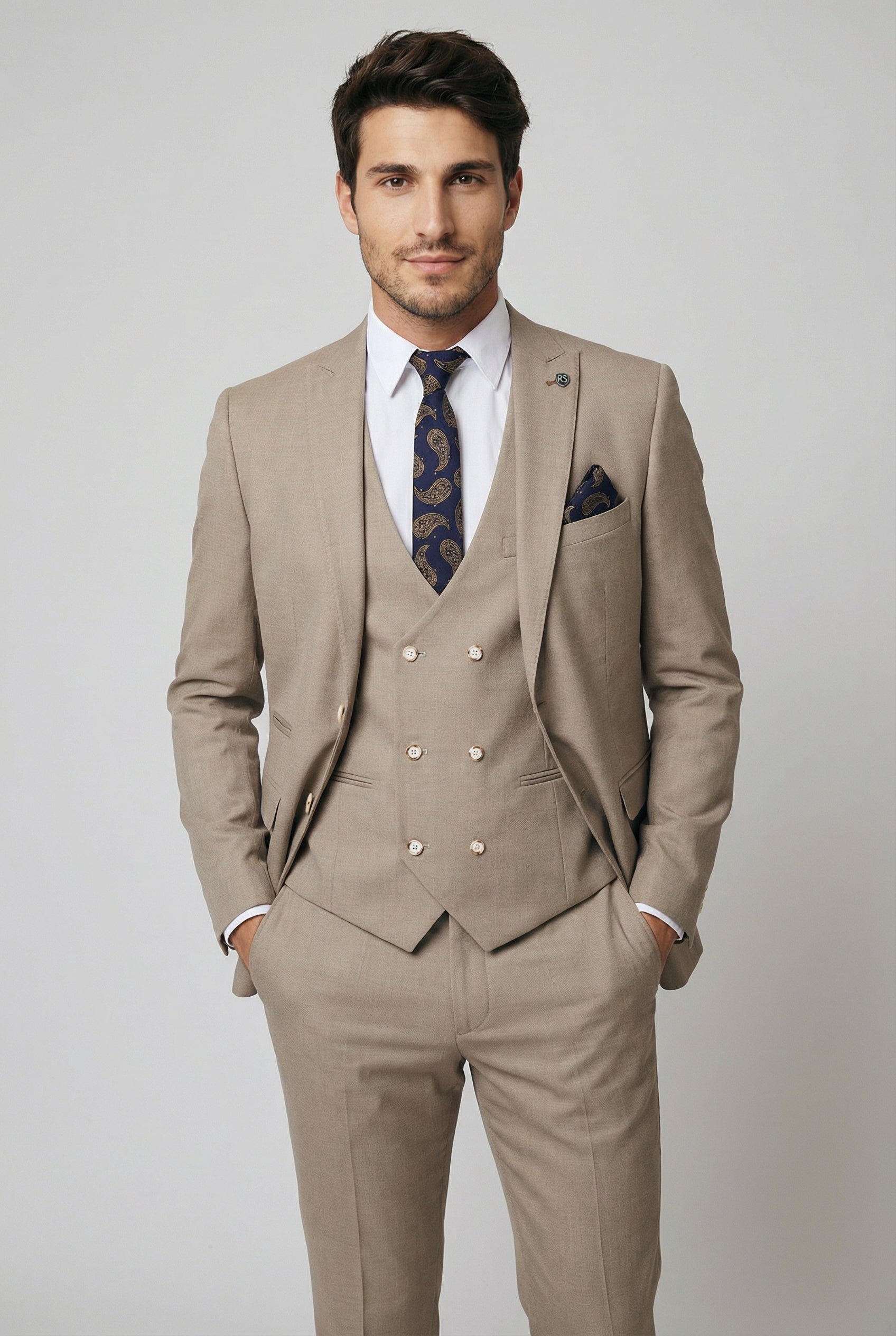 Men's Tailored Fit 3 Piece Suit Classic Special Occasion - JAMES - Taupe Beige