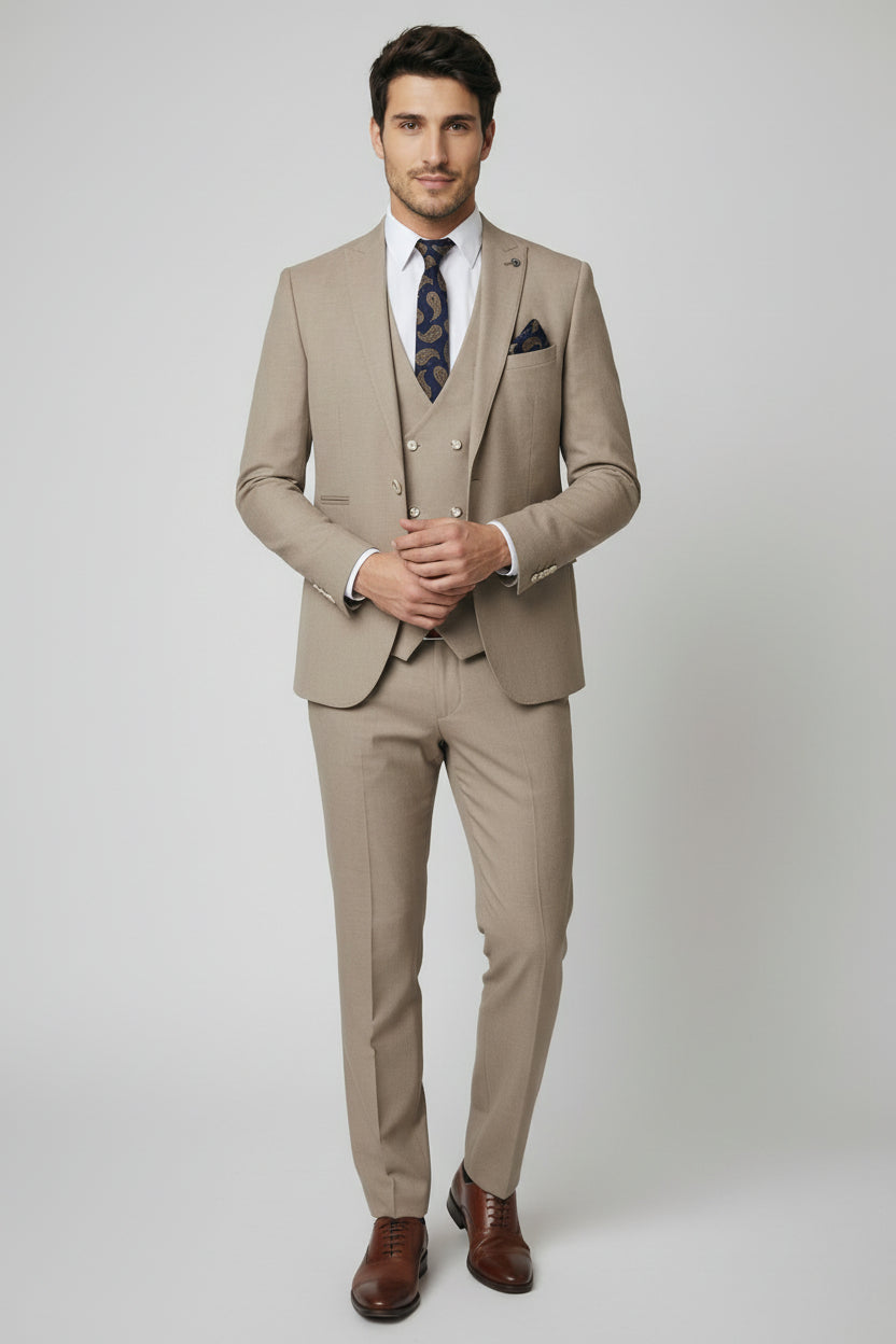 Men's Tailored Fit 3 Piece Suit Classic Special Occasion - JAMES - Taupe Beige