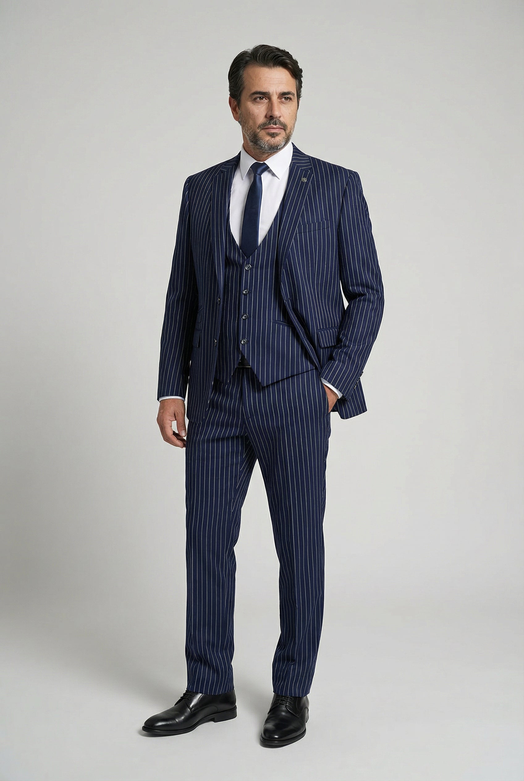 Men's Tailored Fit Pinstripe Suit - MASON - Navy Blue