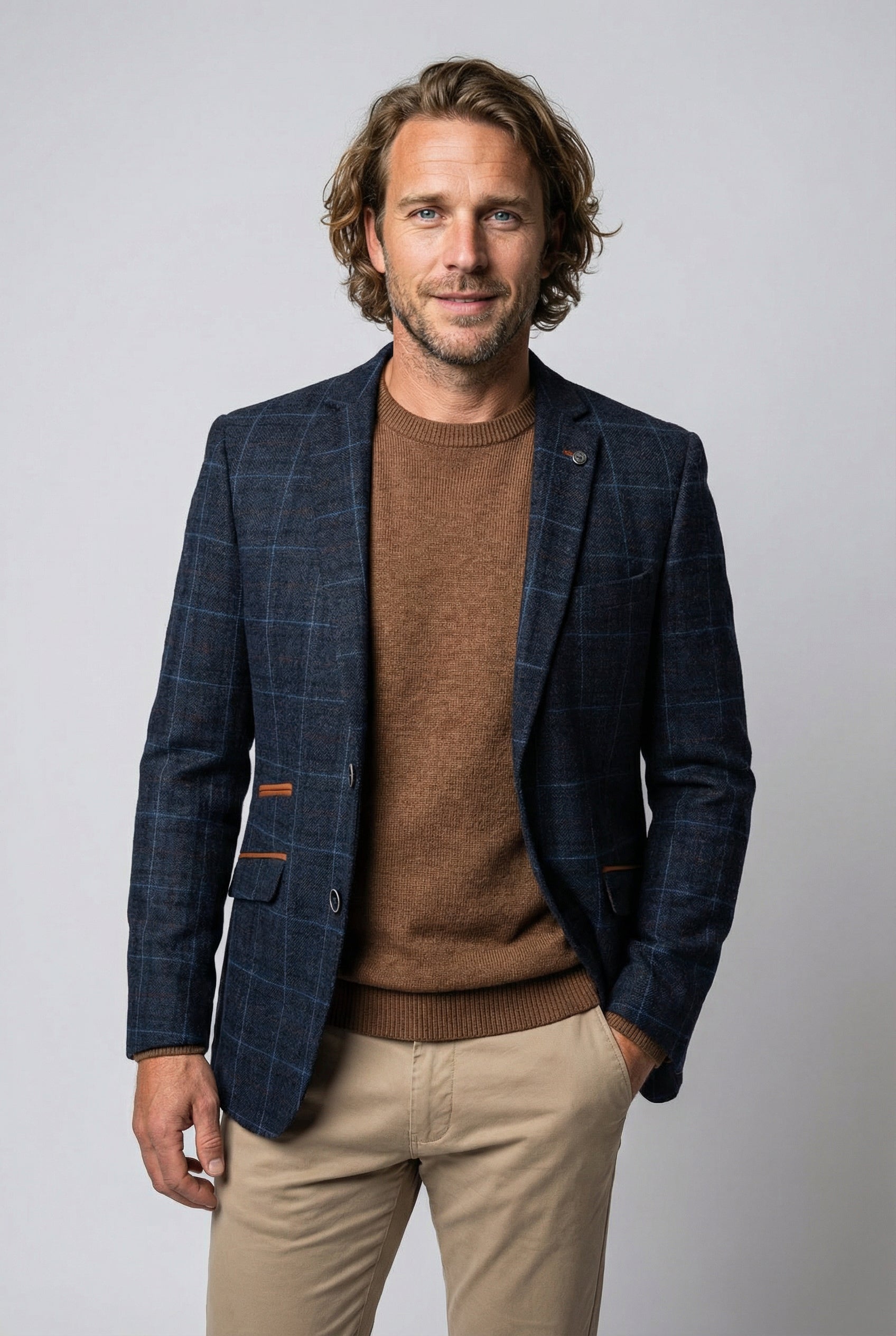 Men's Tailored Fit Retro Check Suit Jacket - ANTHONY NAVY