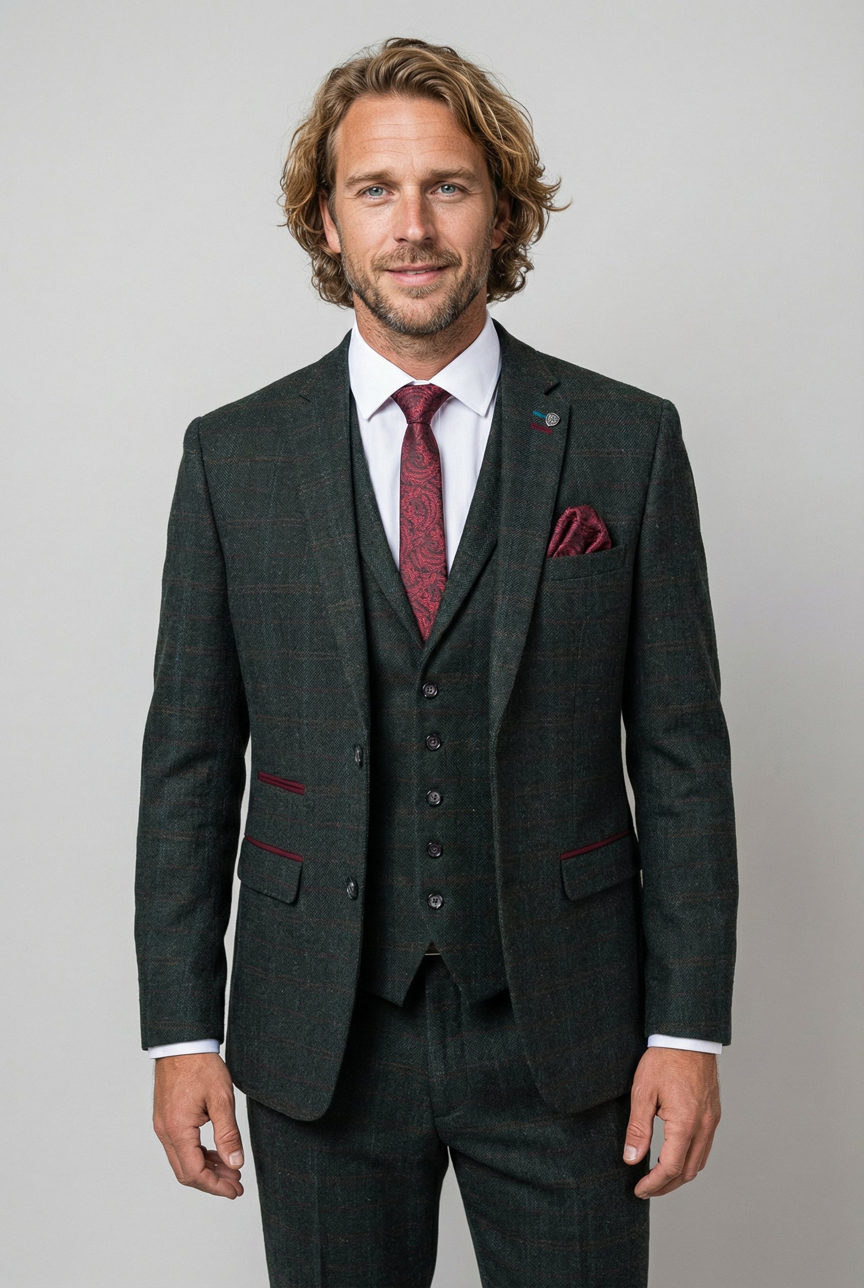 Men's Tweed Check Tailored Fit Suit - JOSHUA - Dark Green