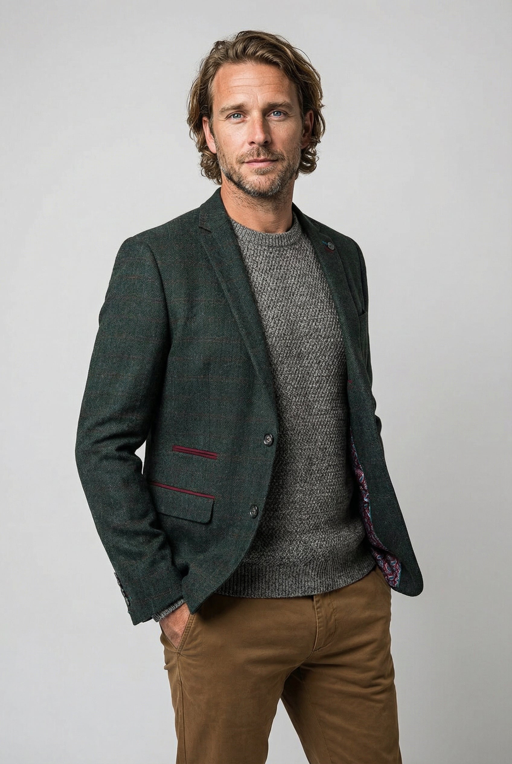 Men's Tweed Check Tailored Fit Suit Jacket - JOSHUA - Green