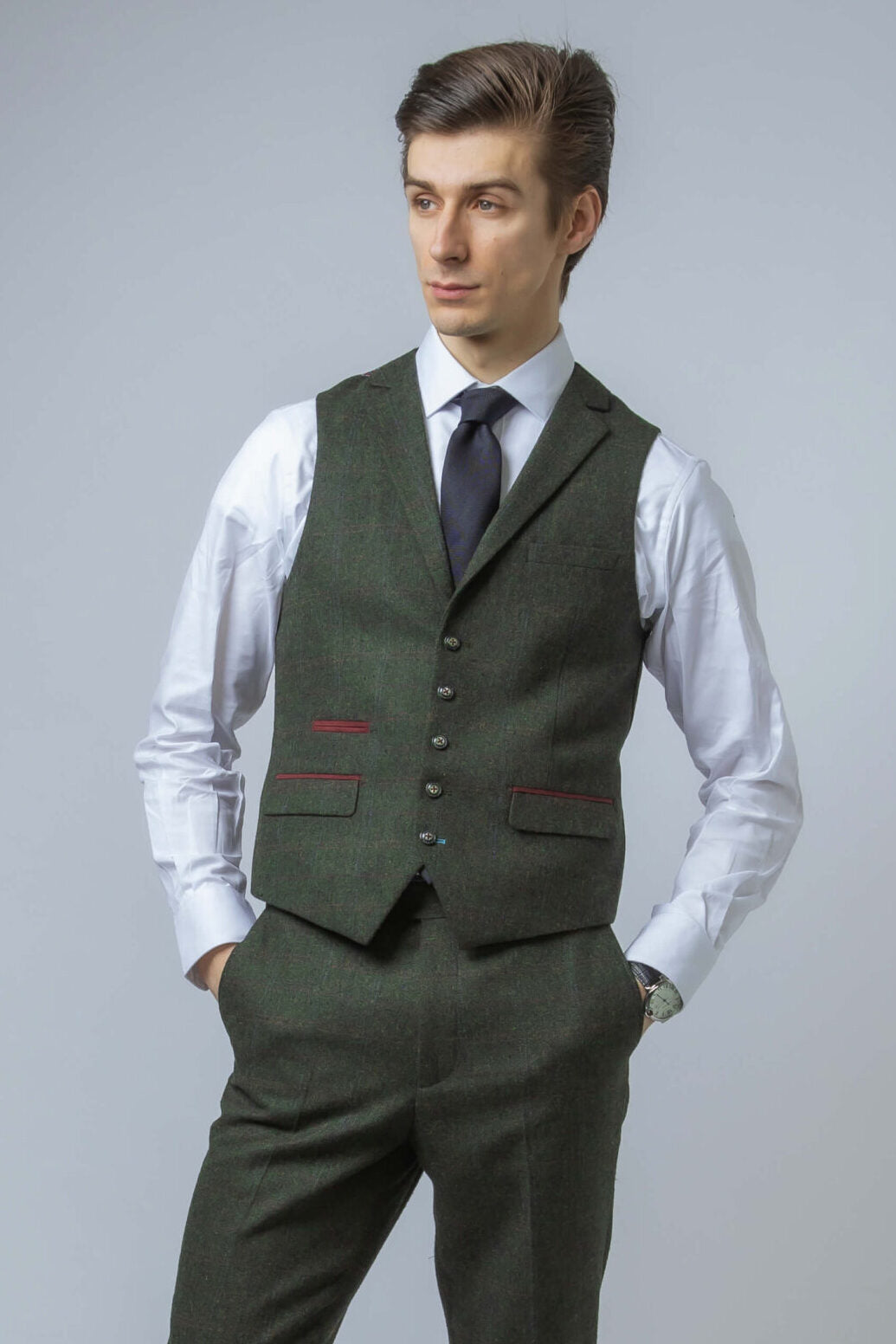 Men's Tweed Check Tailored Fit Waistcoat - JOSHUA Green - Green