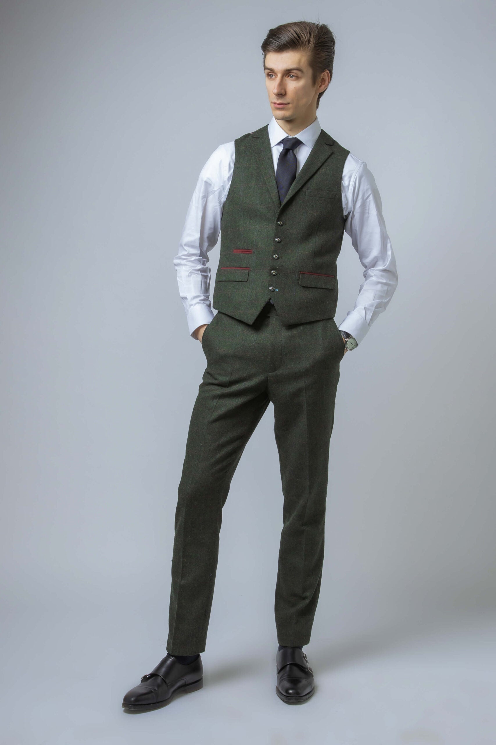 Men's Tweed Check Tailored Fit Waistcoat - JOSHUA Green - Green