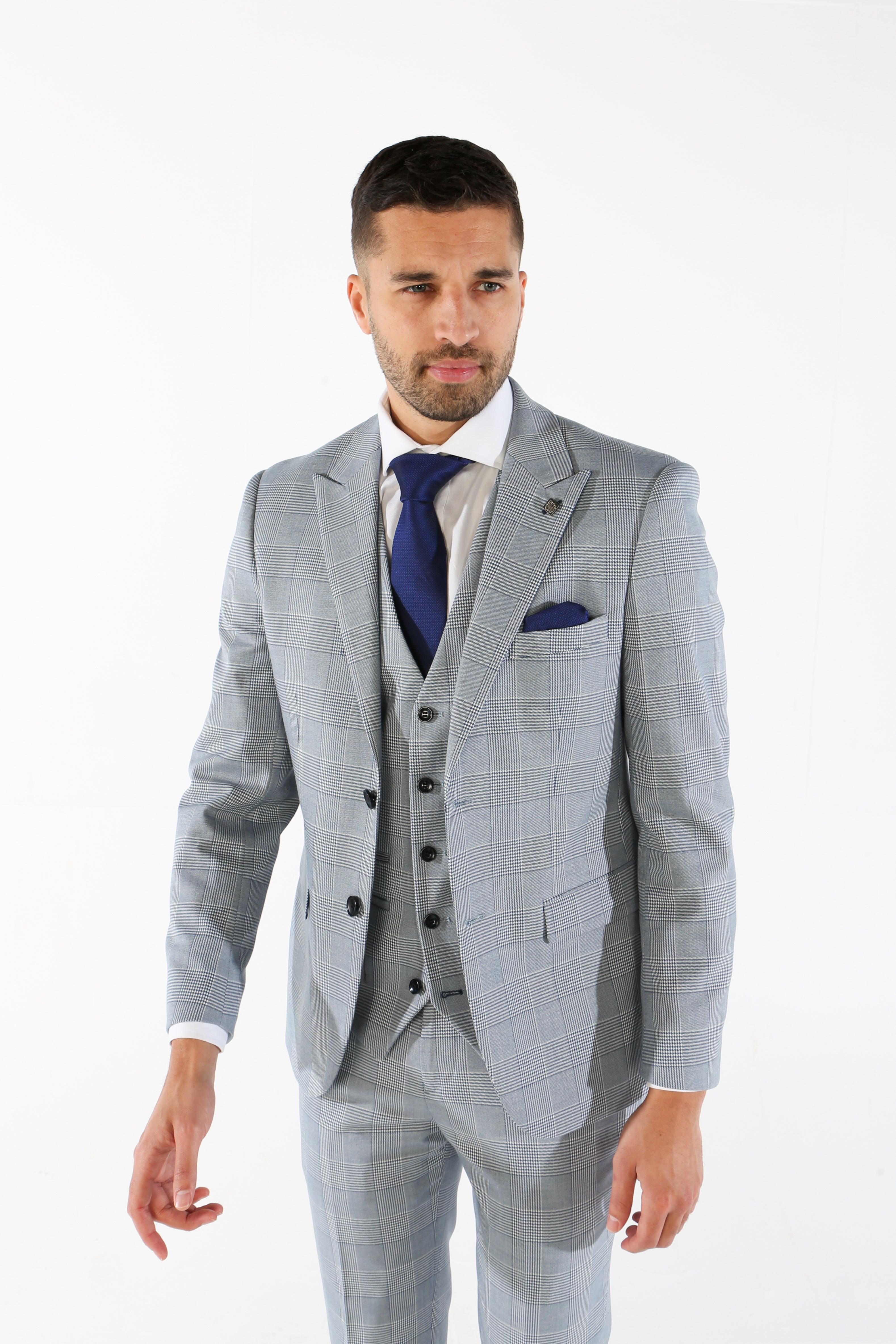 Men's Tweed Houndstooth Check Sky Blue Suit - MARK - Sky Blue