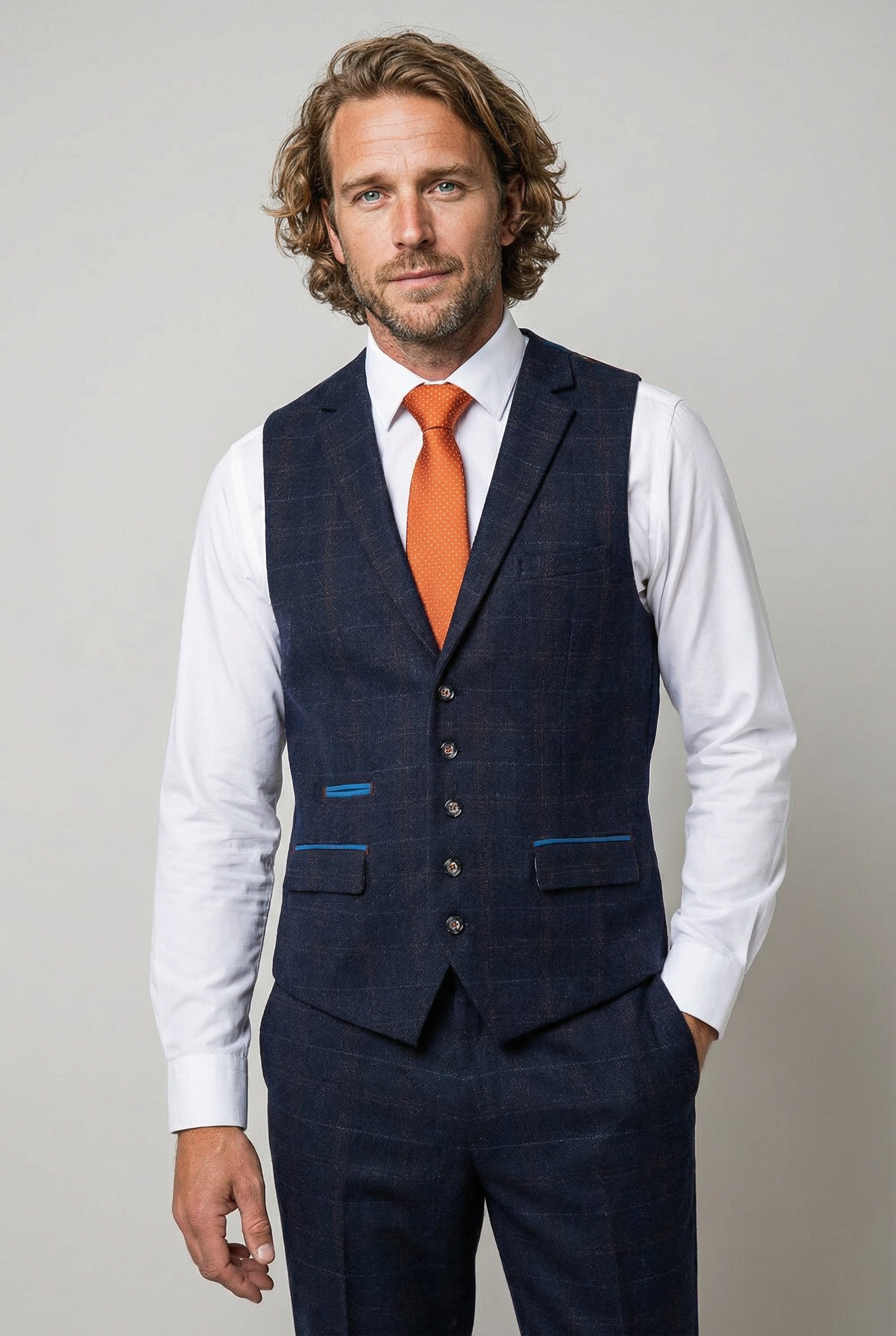 Men's Tweed Windowpane Check Navy Blue Waistcoat - RYAN - Navy Blue