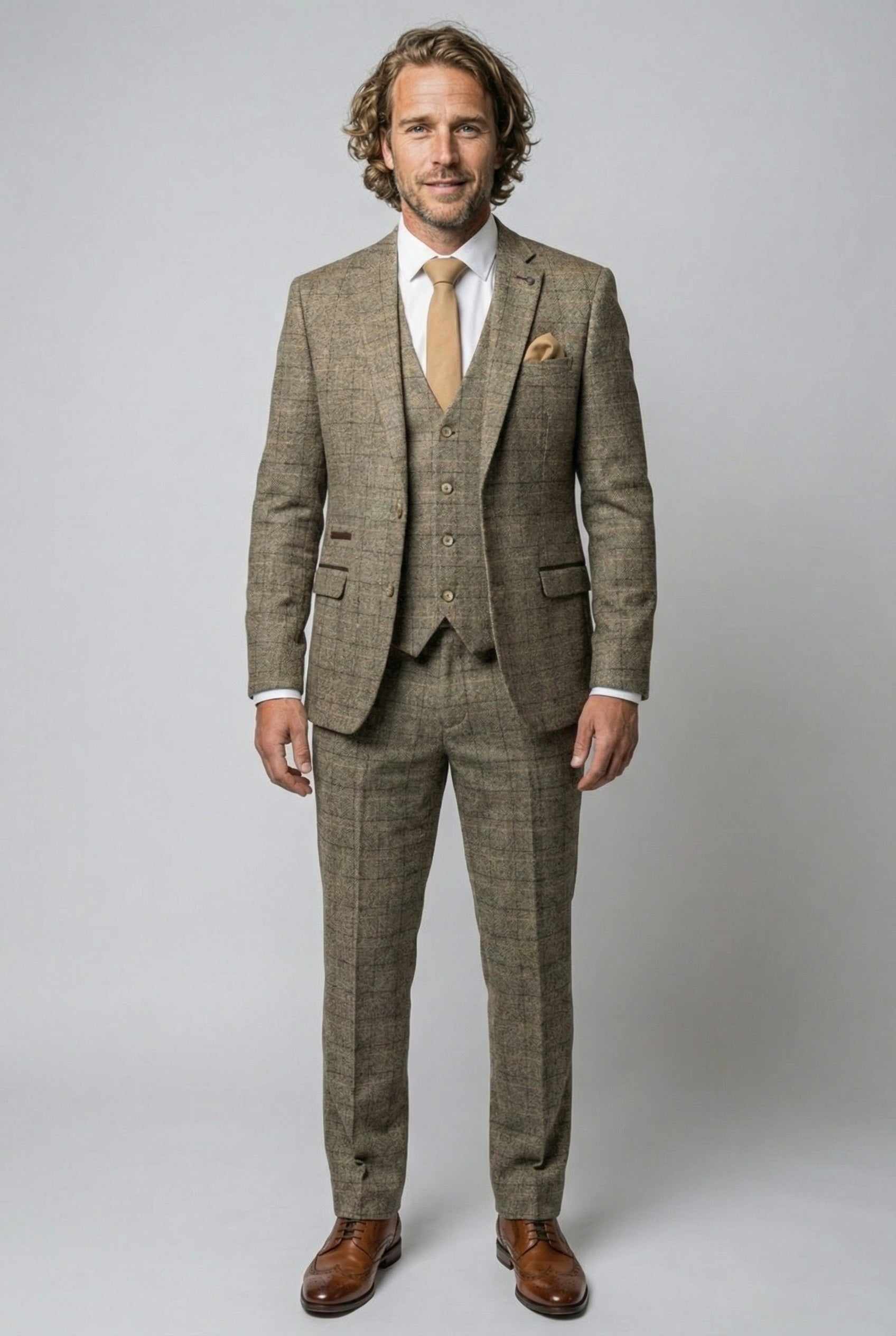 Men's Tweed Windowpane Check Suit - LIAM Beige - Beige