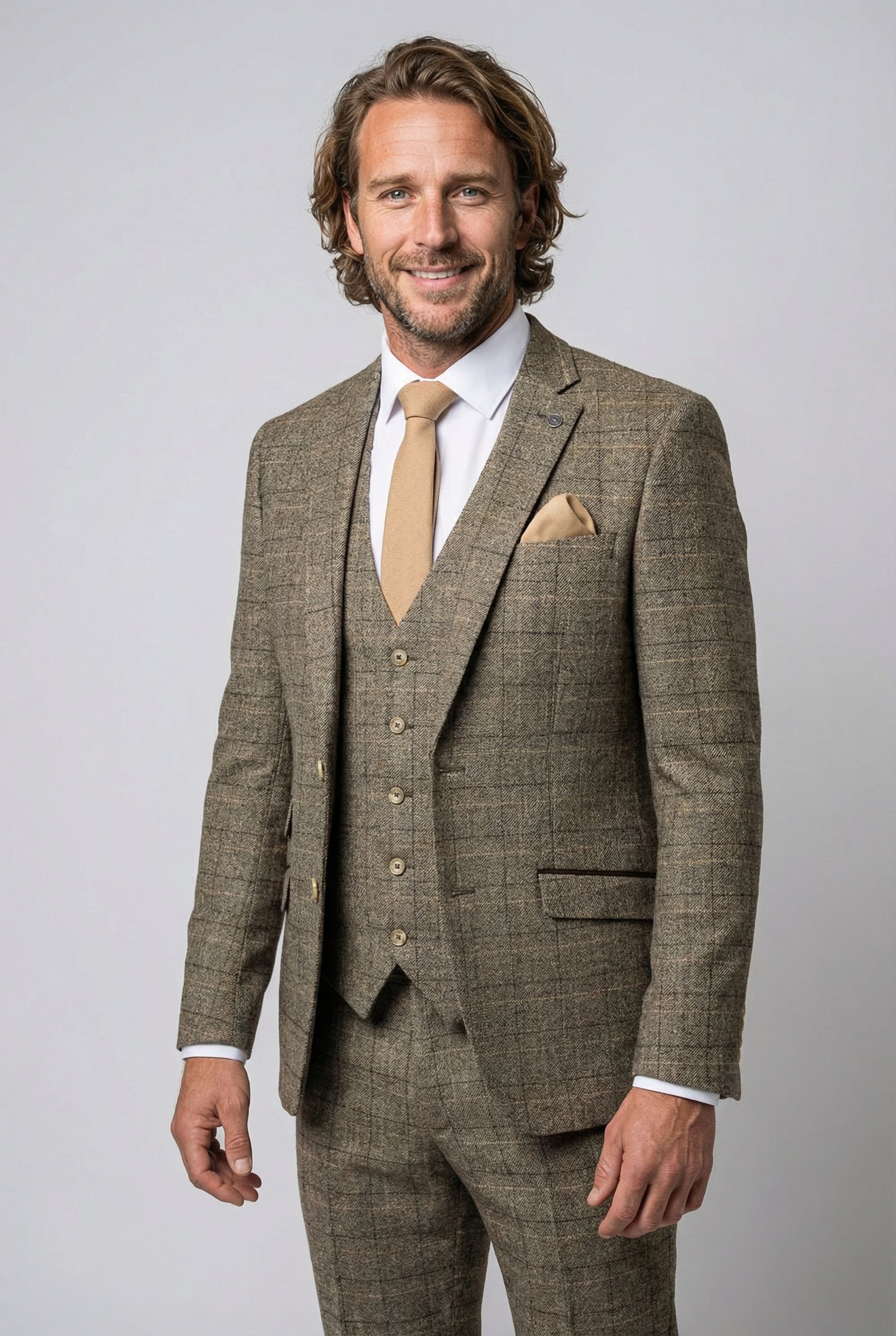 Men's Tweed Windowpane Check Suit - LIAM Beige - Beige