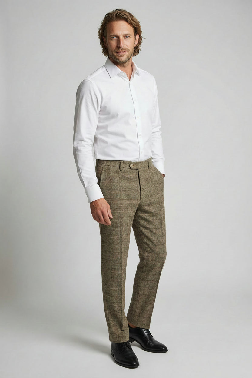 Men's Tweed Windowpane Check Trousers - LIAM Beige