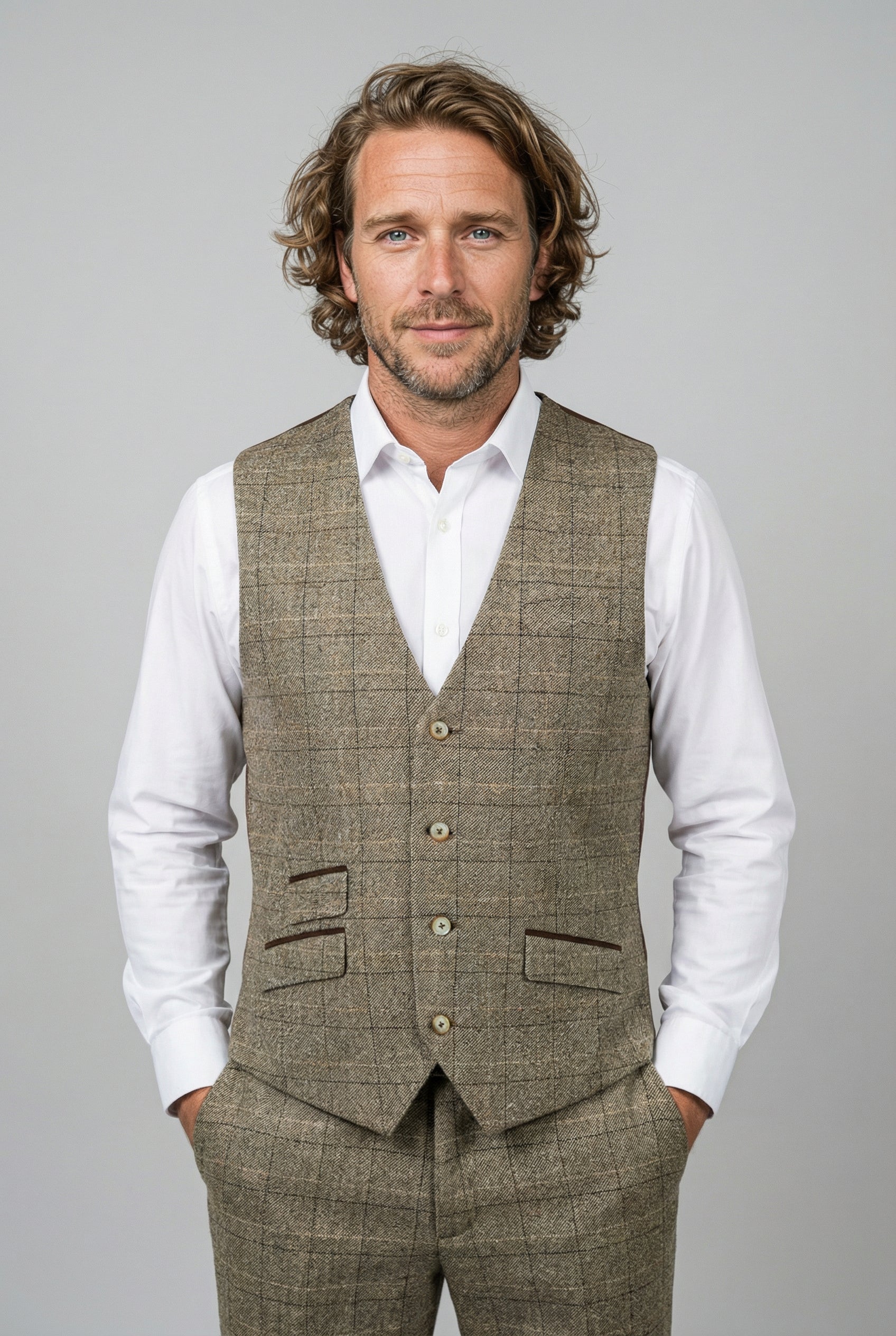 Men's Tweed Windowpane Check Waistcoat - LIAM Beige - Beige