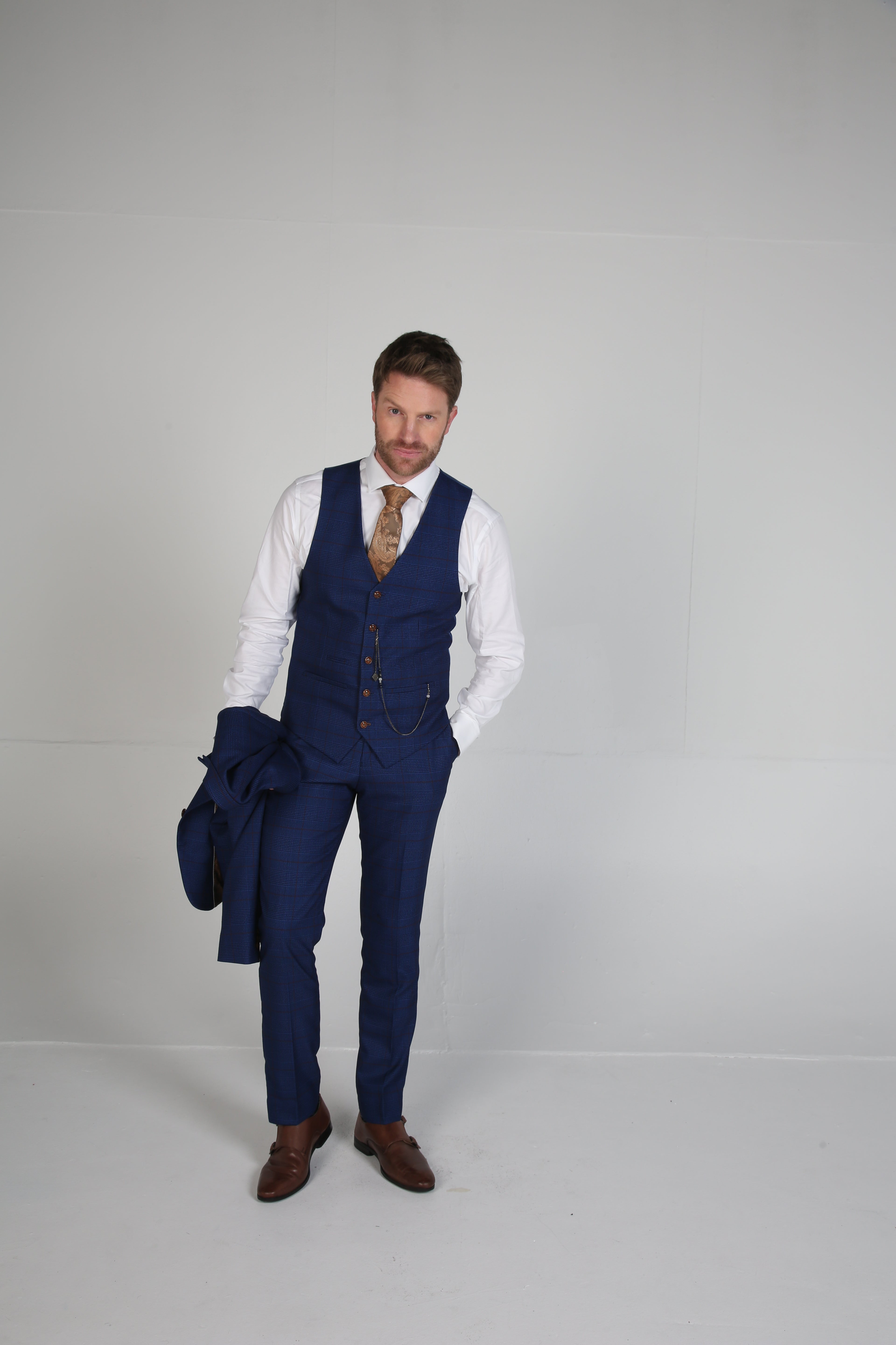 Men's Tweed Windowpane Navy Waistcaot- ALEX - Navy Blue