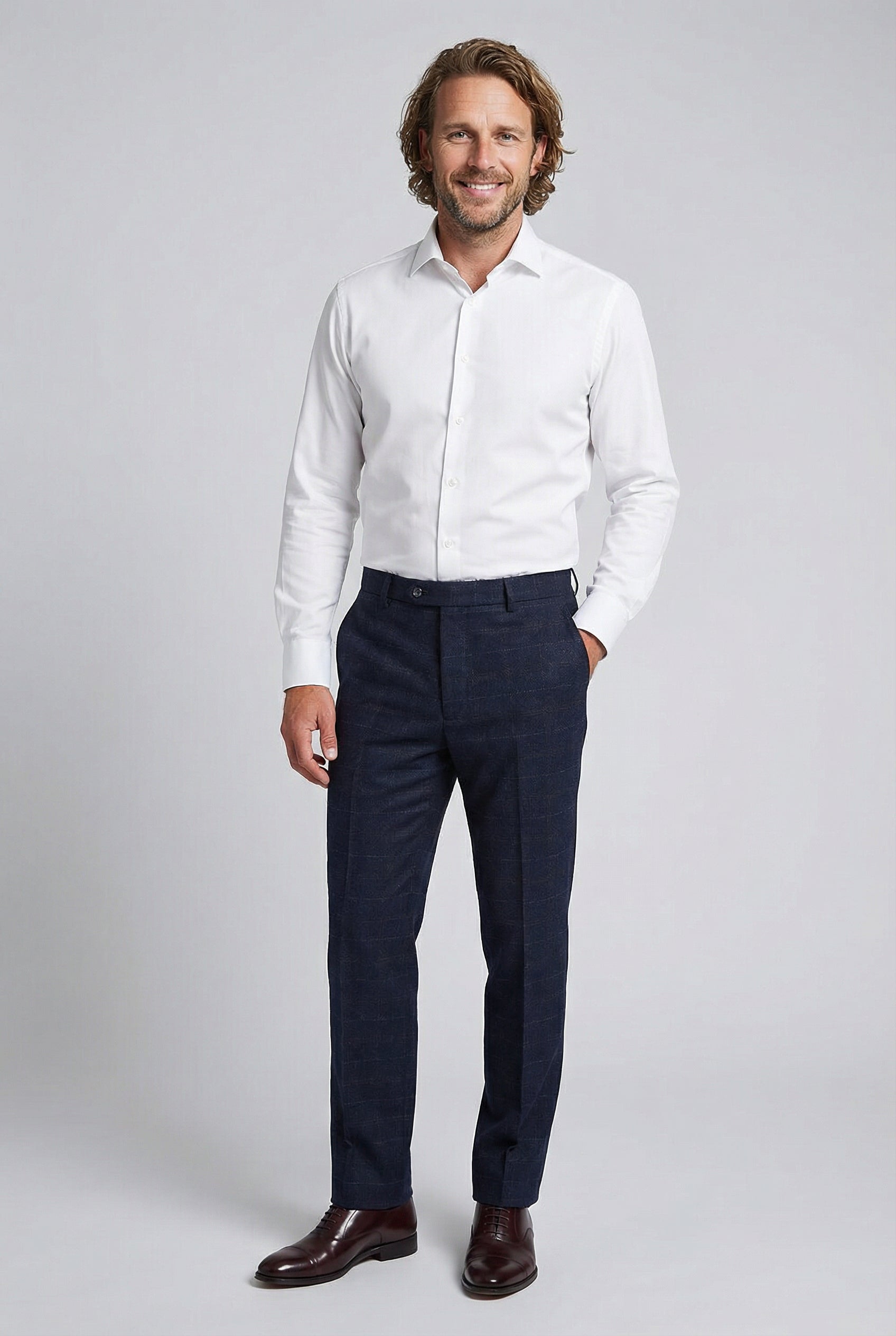 Men's Tweed Windowpane Tailored Fit Navy Trousers - RYAN - Navy Blue