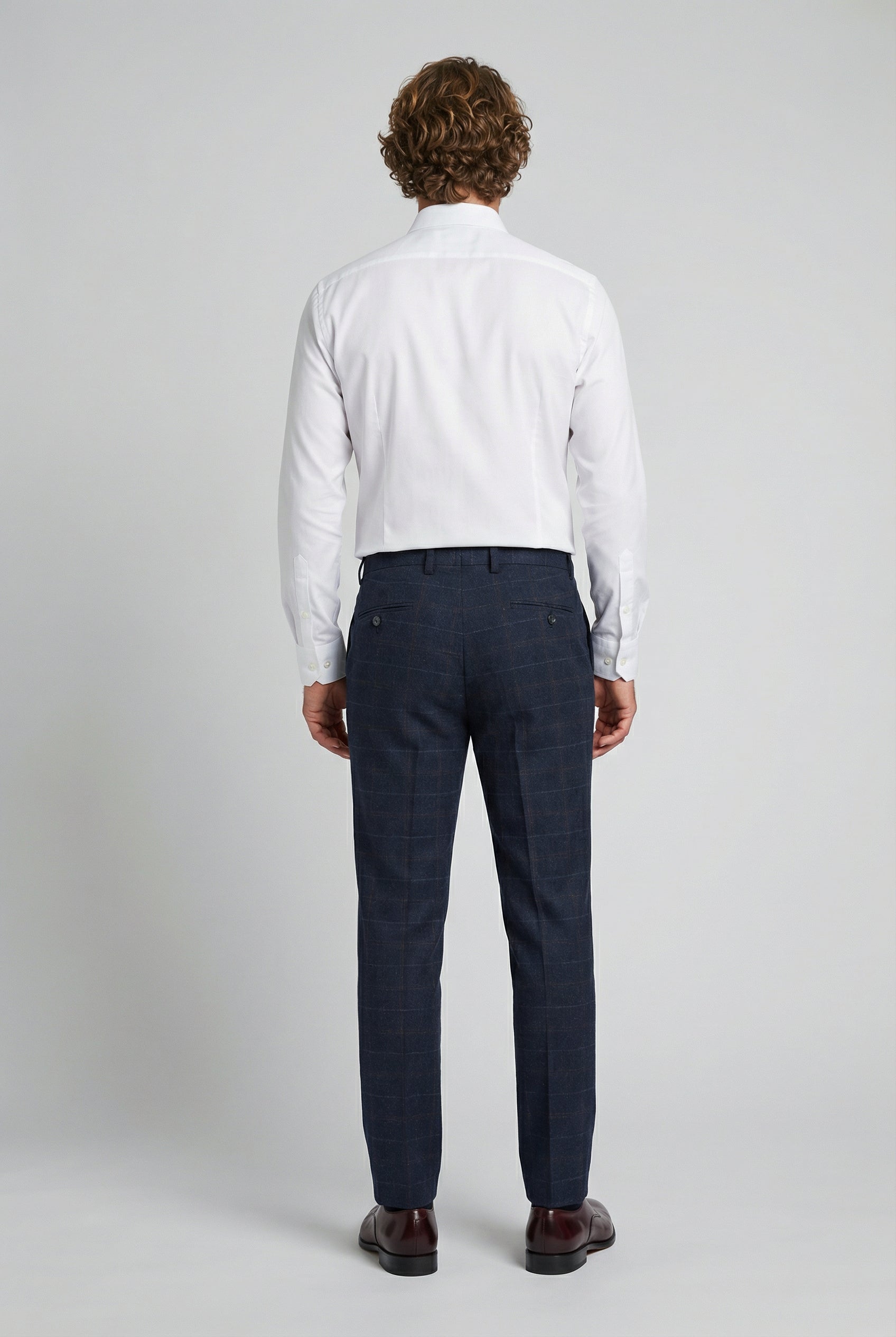 Men's Tweed Windowpane Tailored Fit Navy Trousers - RYAN - Navy Blue