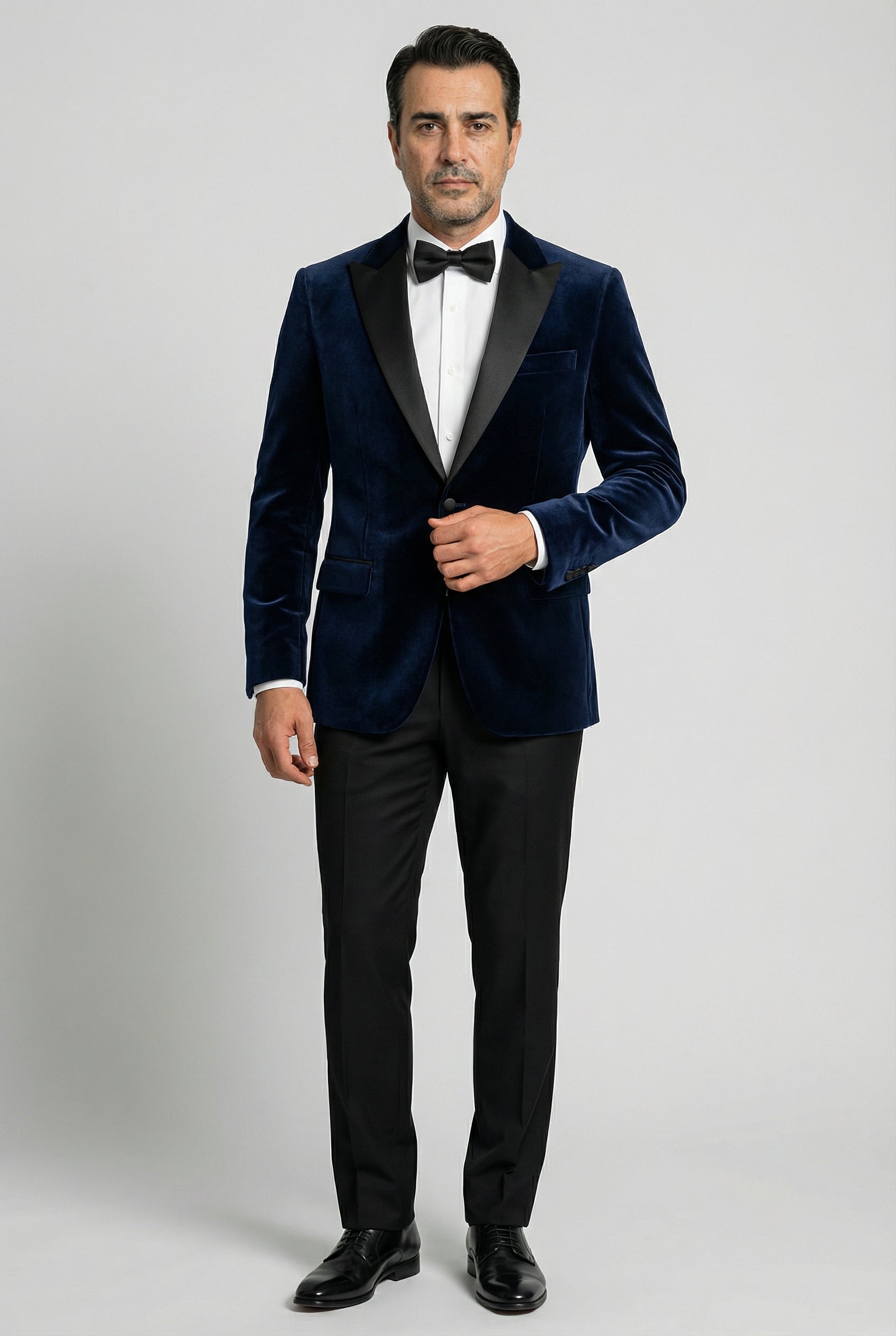 Men’s Velvet Blazer Satin Lapel Dinner Jacket - Mayfair - Navy Blue Model Picture