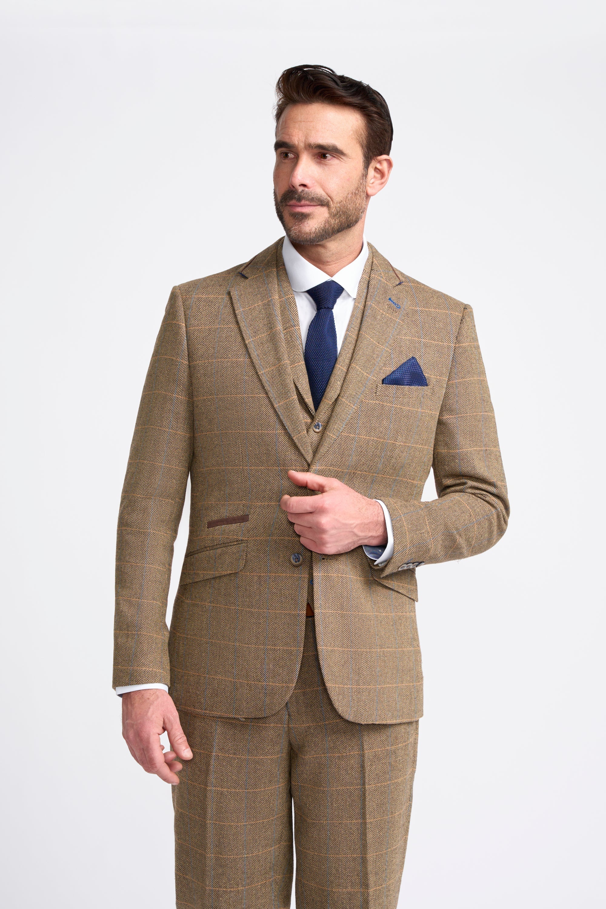 Men's Wool Blend Herringbone Check Suit Jacket - Albert - Tan Brown Model Picture