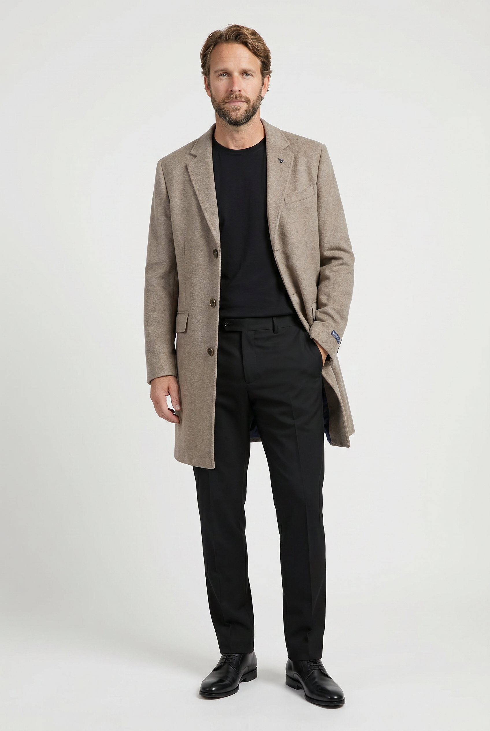 Men’s Wool Blend Mid-Length Overcoat - Beige