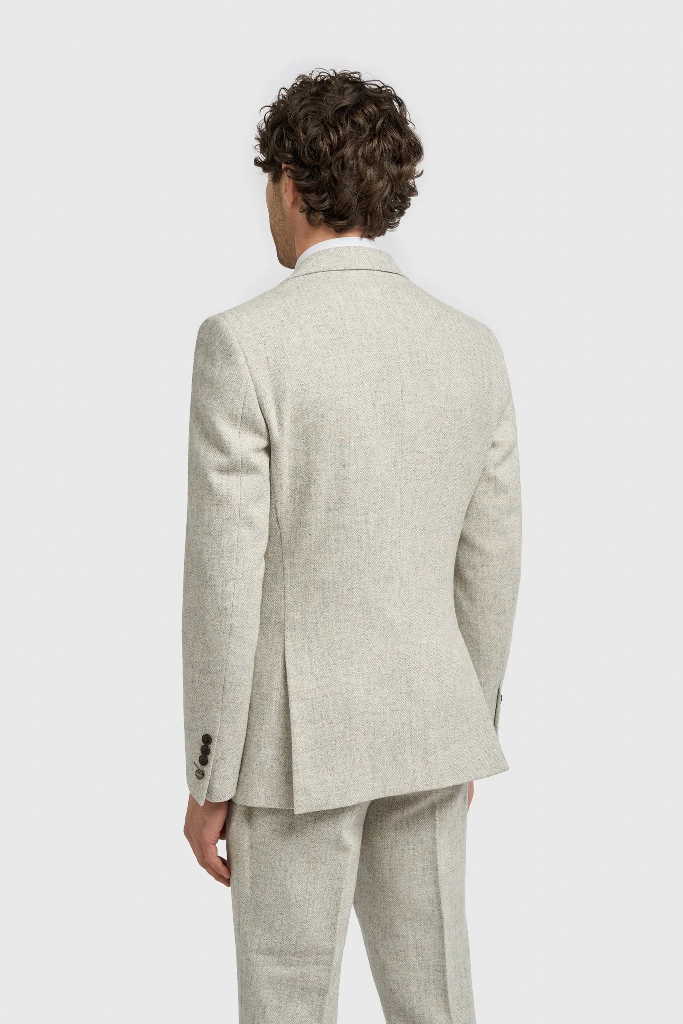 Men’s Wool Herringbone Tweed Suit Jacket - Thomas - Pearl Grey Back Picture