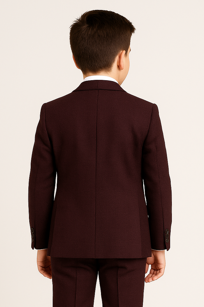 Father & Son Matching Glen Check Tweed 3-Piece Suit Set - Regent - Wine Red