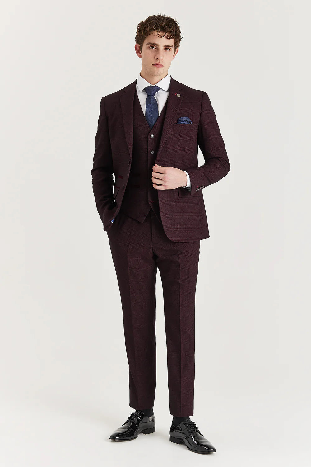 Father & Son Matching Glen Check Tweed 3-Piece Suit Set - Regent - Wine Red