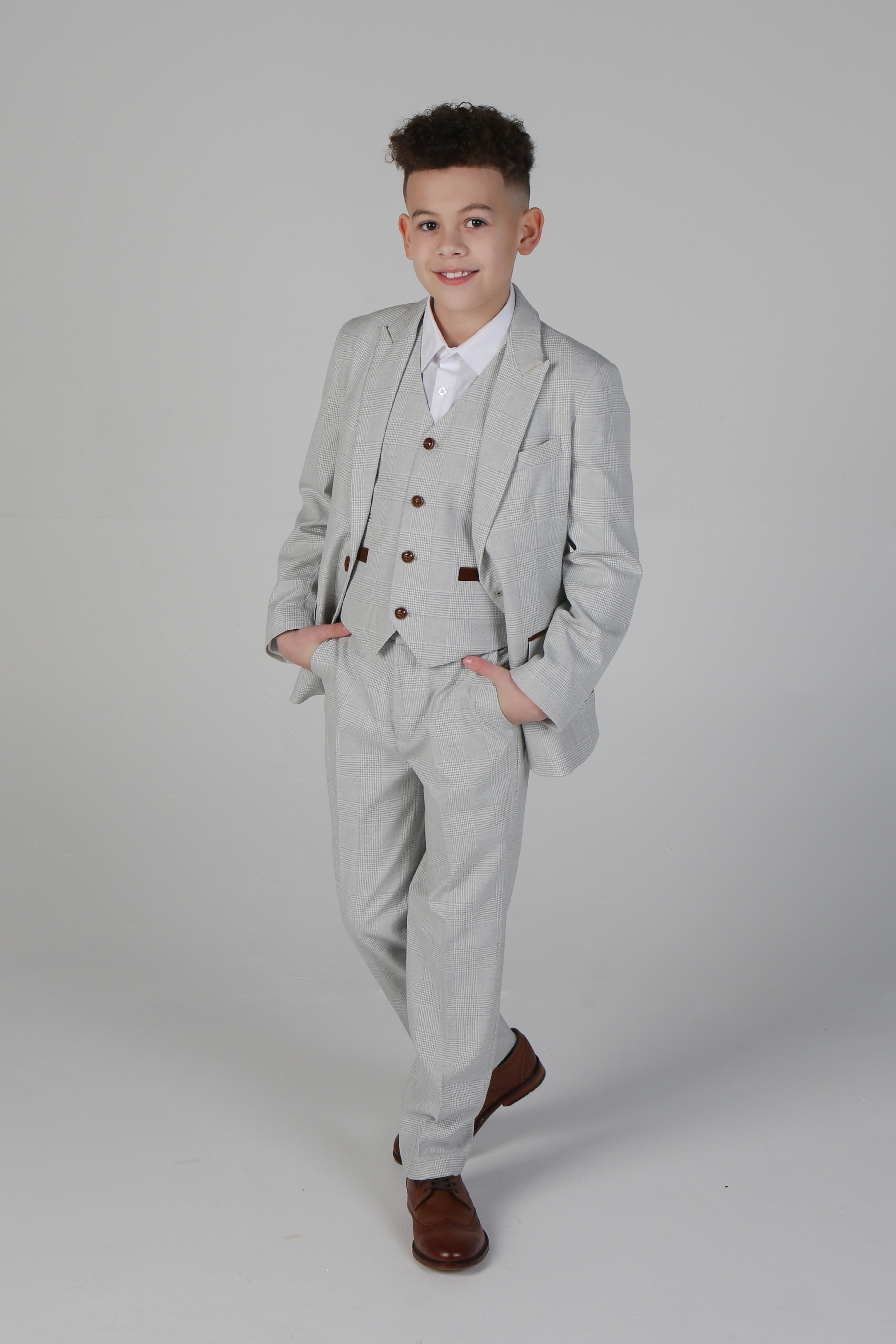 Father & Son Matching Glen Check 3-Piece Suit Set - Mark - Stone Beige