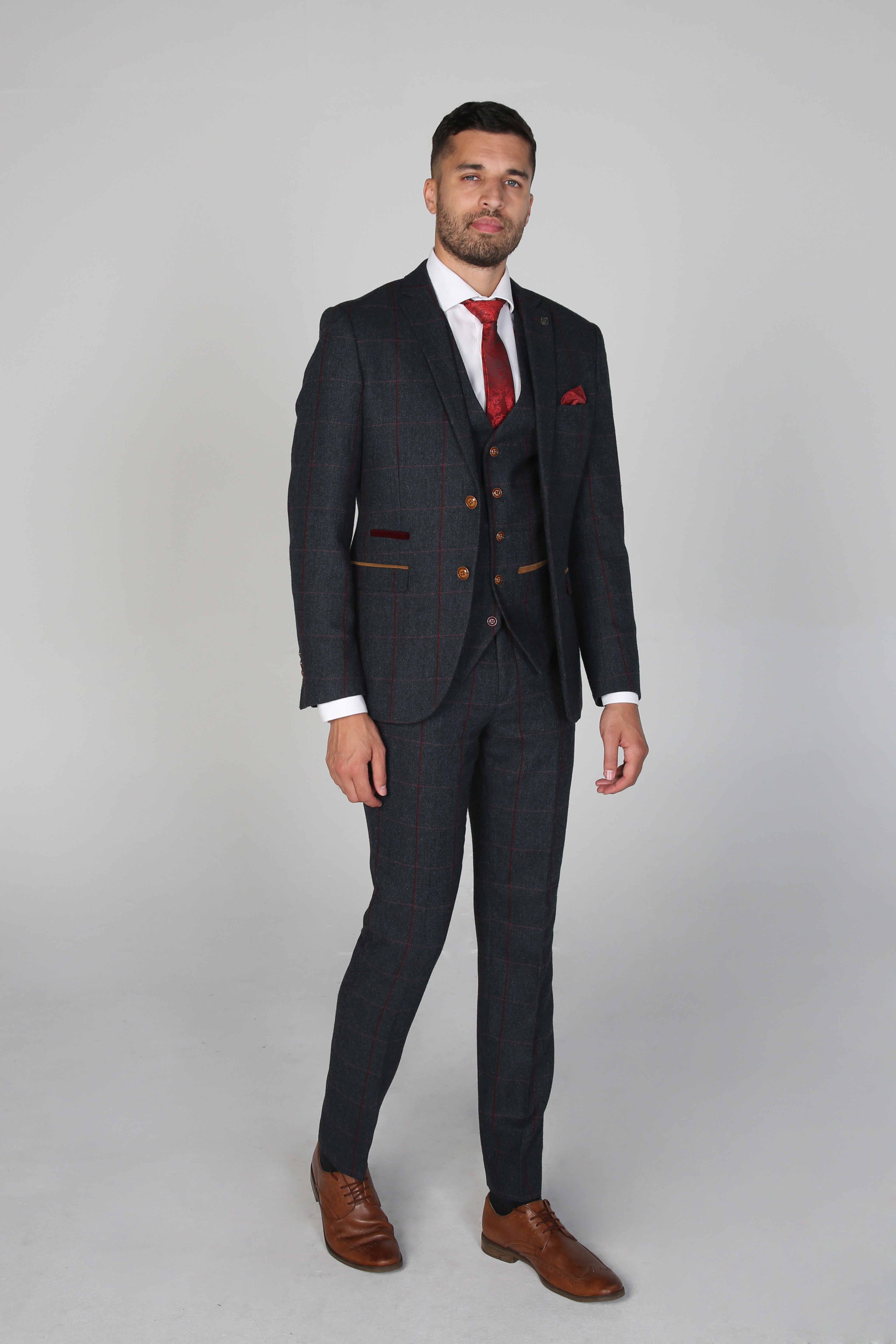Father & Son Matching Windowpane Check 3-Piece Suit Set - Madrid - Navy Blue