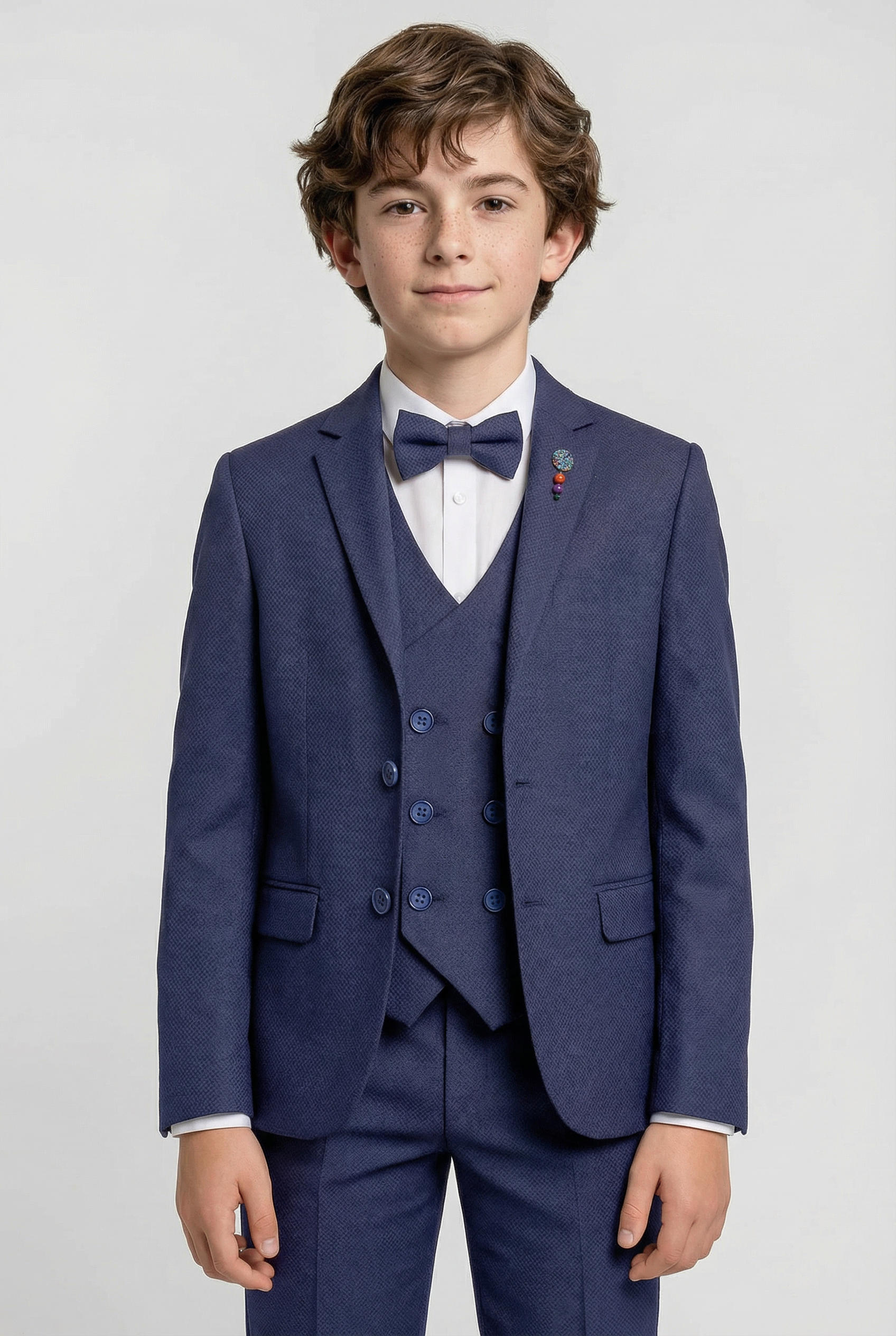 Boys 5-Piece Textured Weave Suit with Double Breasted Waistcoat - Dark Navy