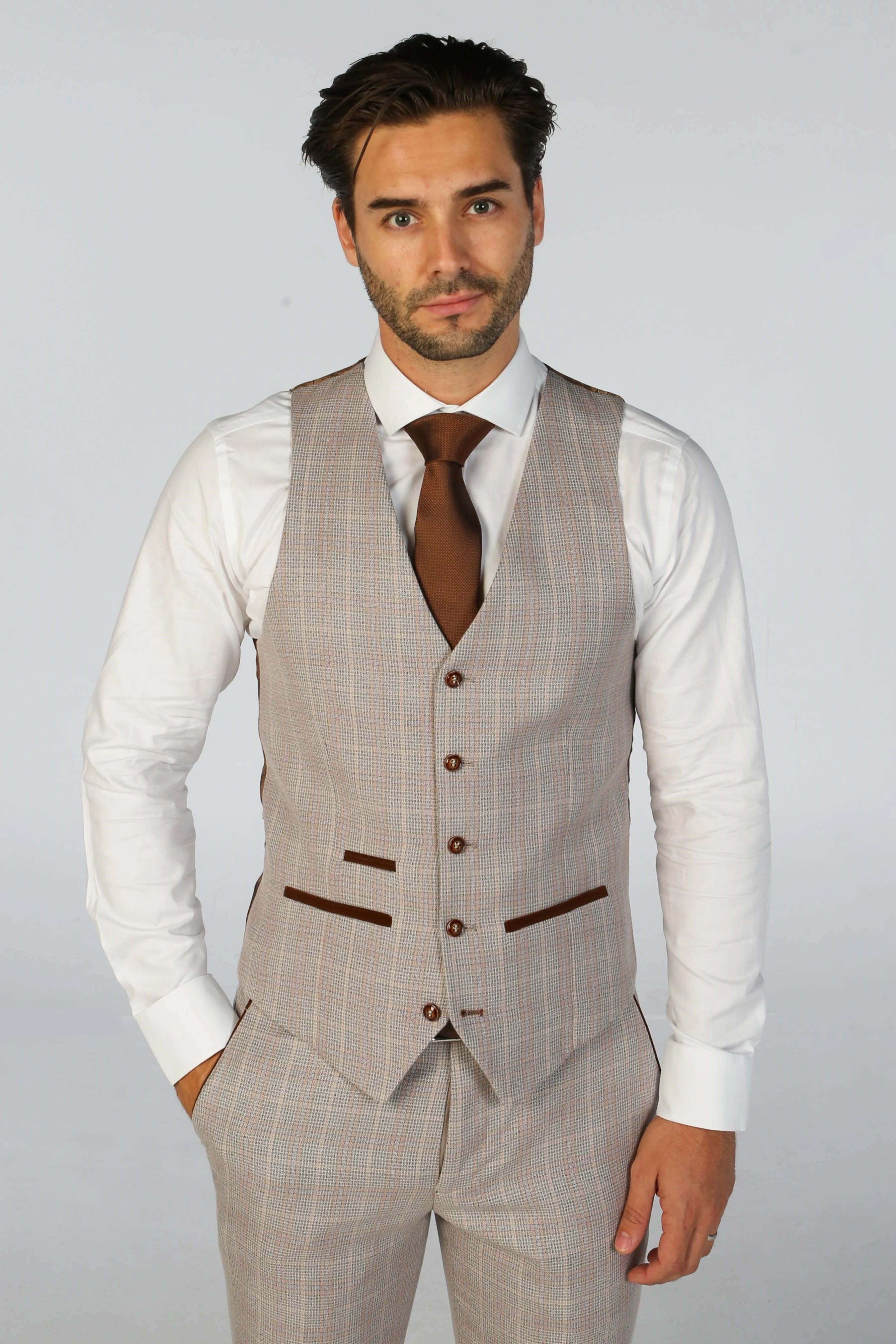 Father & Son Matching Windowpane Check 3-Piece Suit Set - Leo - Beige