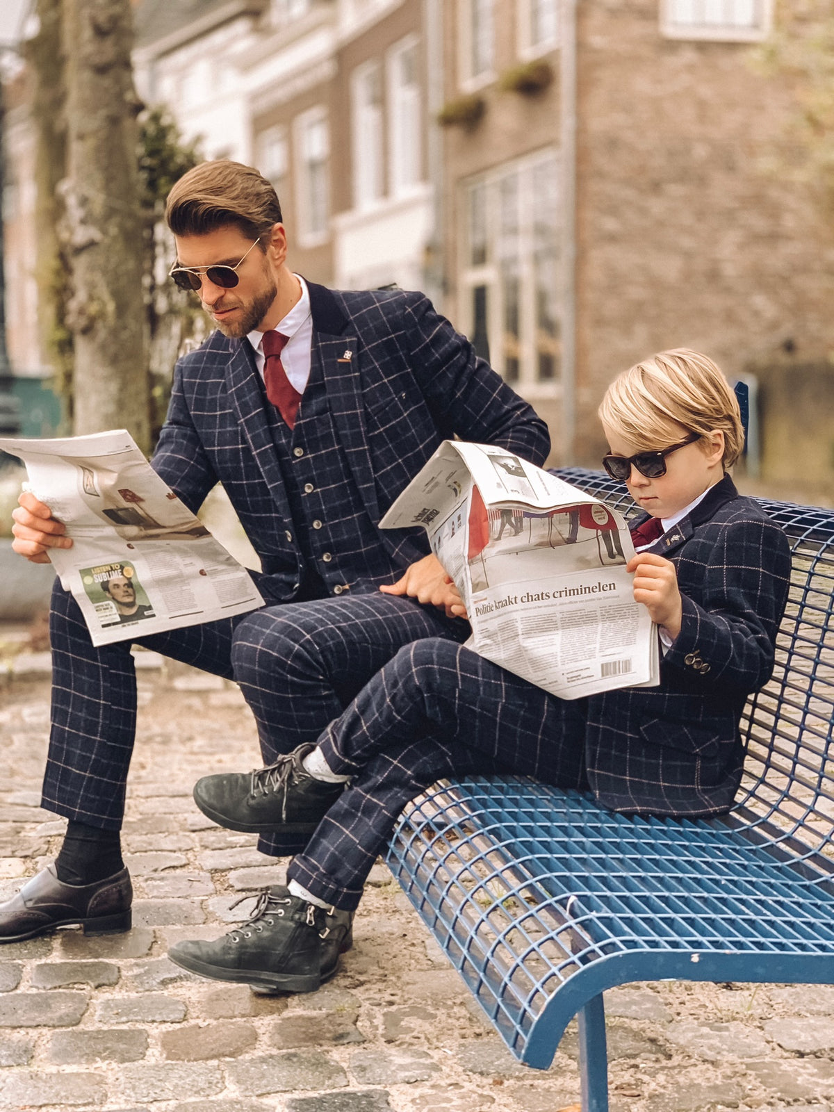 Boys Tweed Windowpane Check Slim Fit Suit - Cavani SHELBY Navy Blue