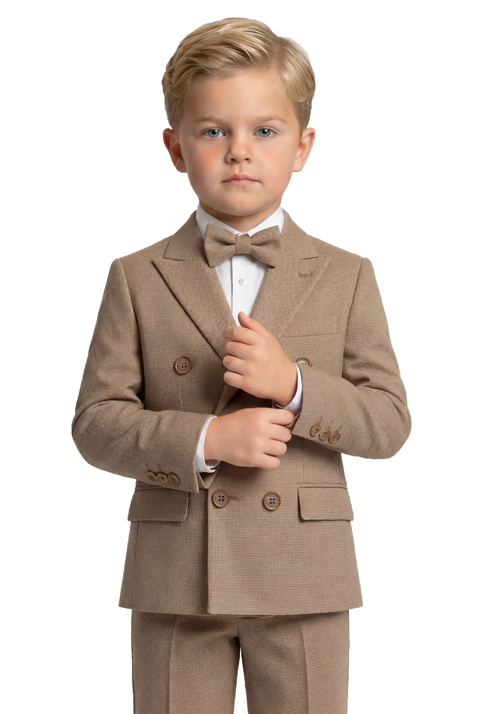 Boys 4-Piece Slim Fit Double Breasted Suit Set - Light Brown