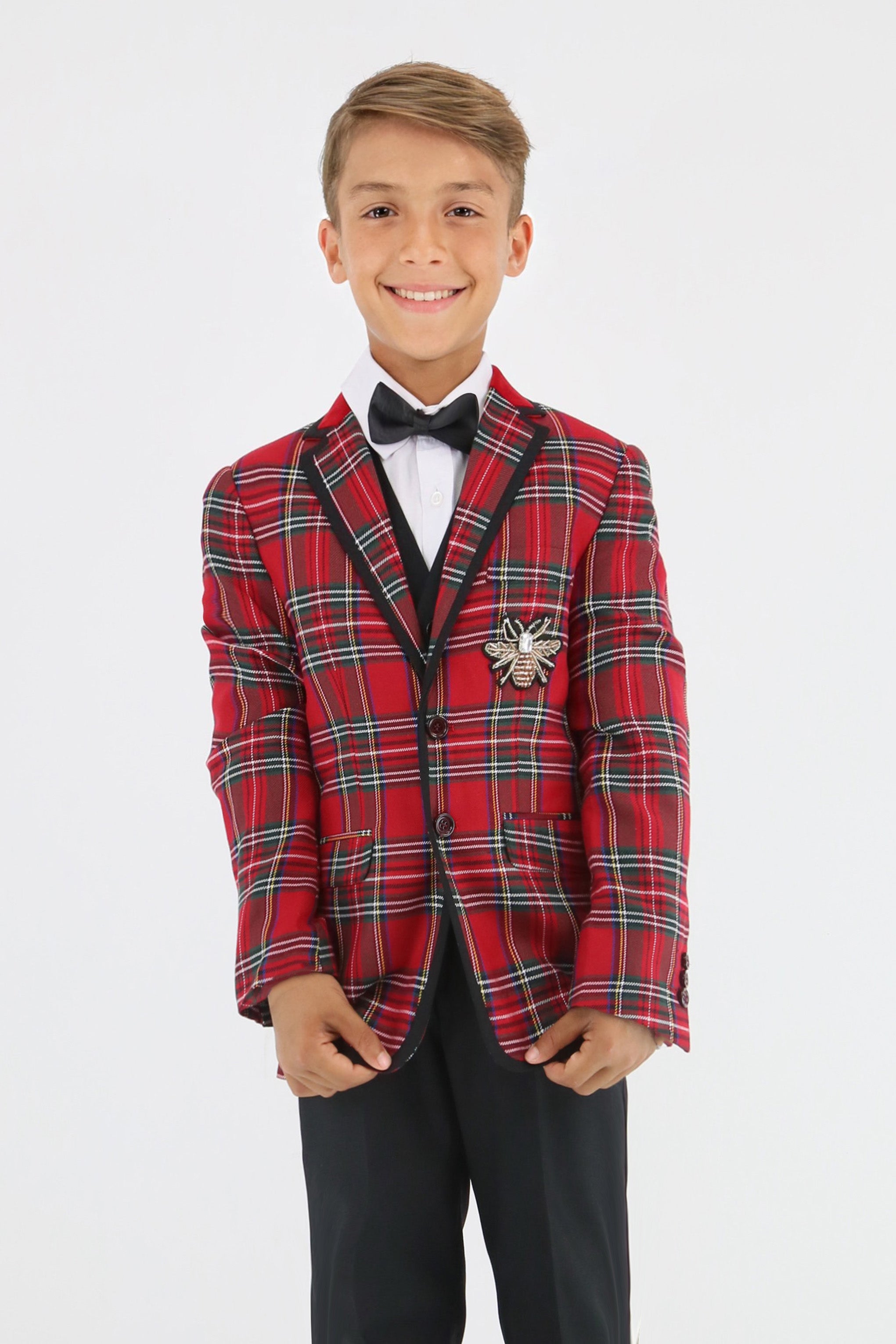 Stylish Boys Tartan Plaid Suit - Red - Black Model Picture