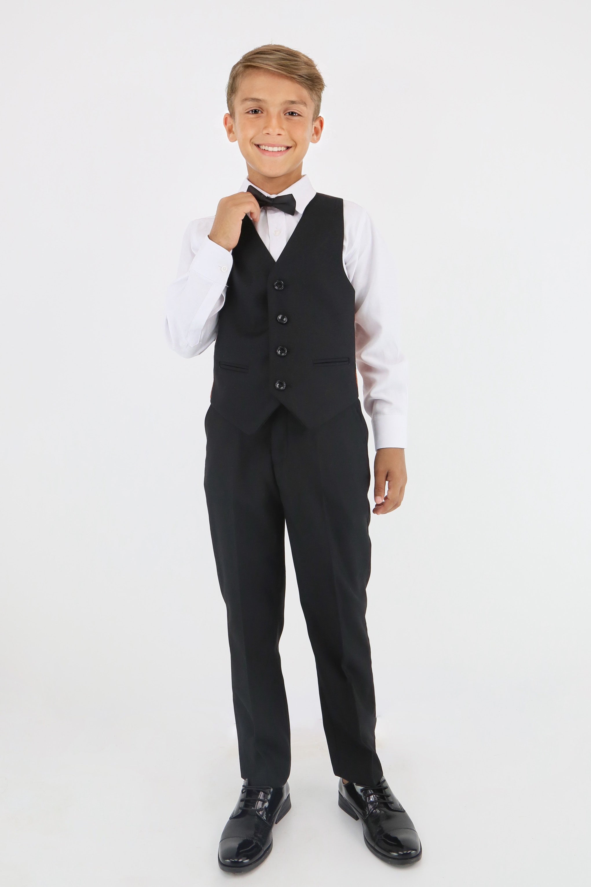 Stylish Boys Tartan Plaid Suit - Red - Black Waistcoat Front Picture