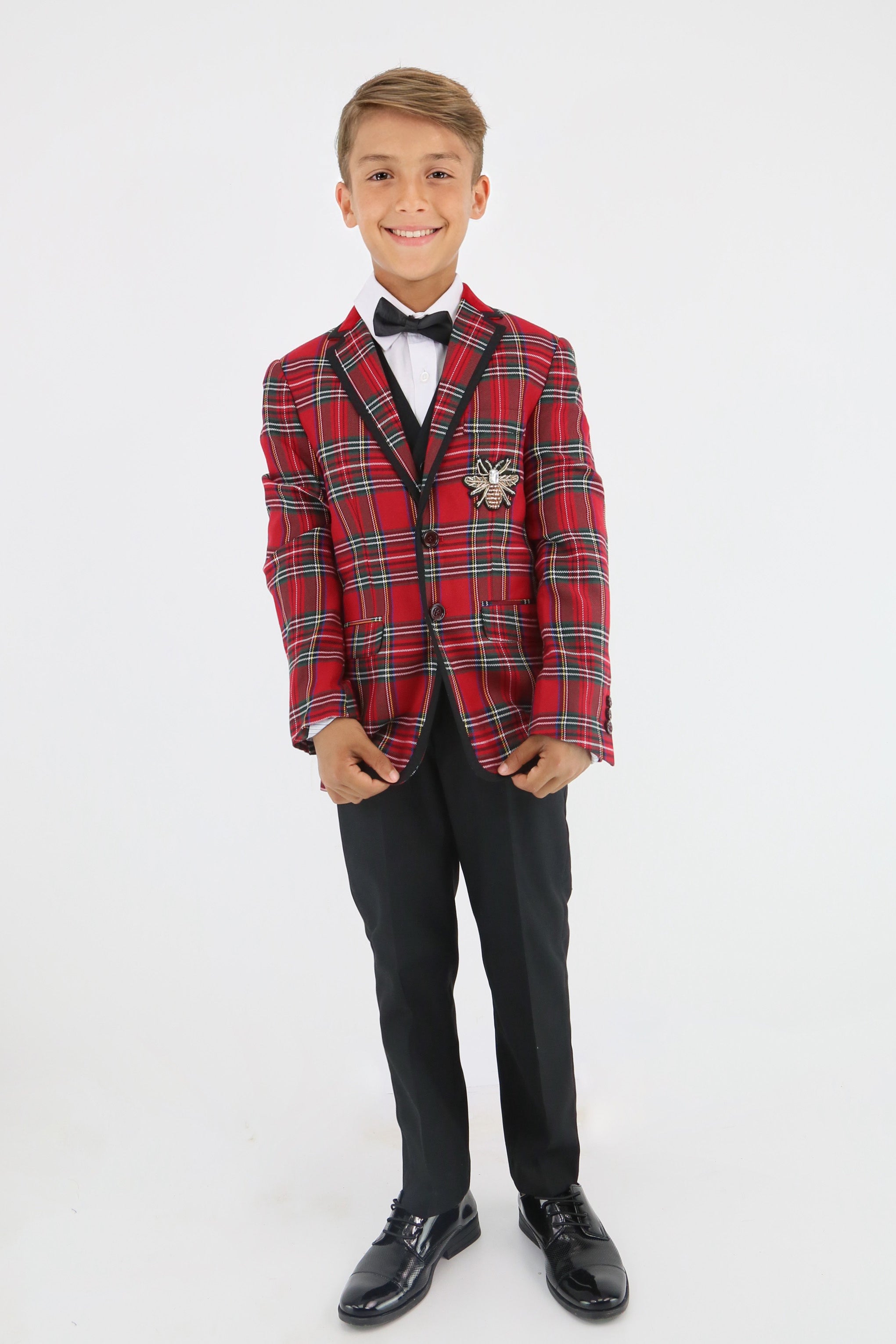 Stylish Boys Tartan Plaid Suit - Red - Black Model Front Picture