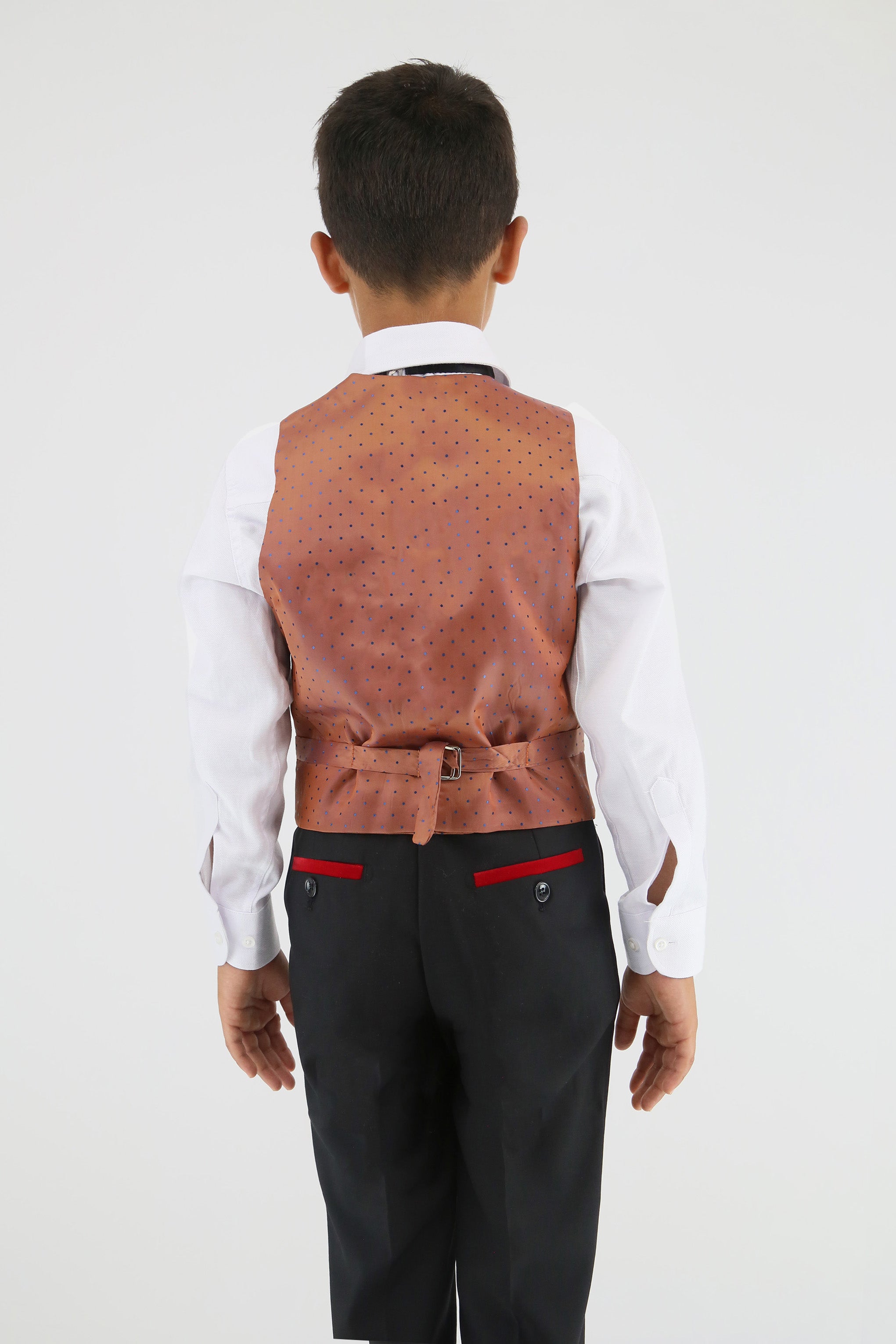 Stylish Boys Tartan Plaid Suit - Red - Black Waistcoat Back Picture